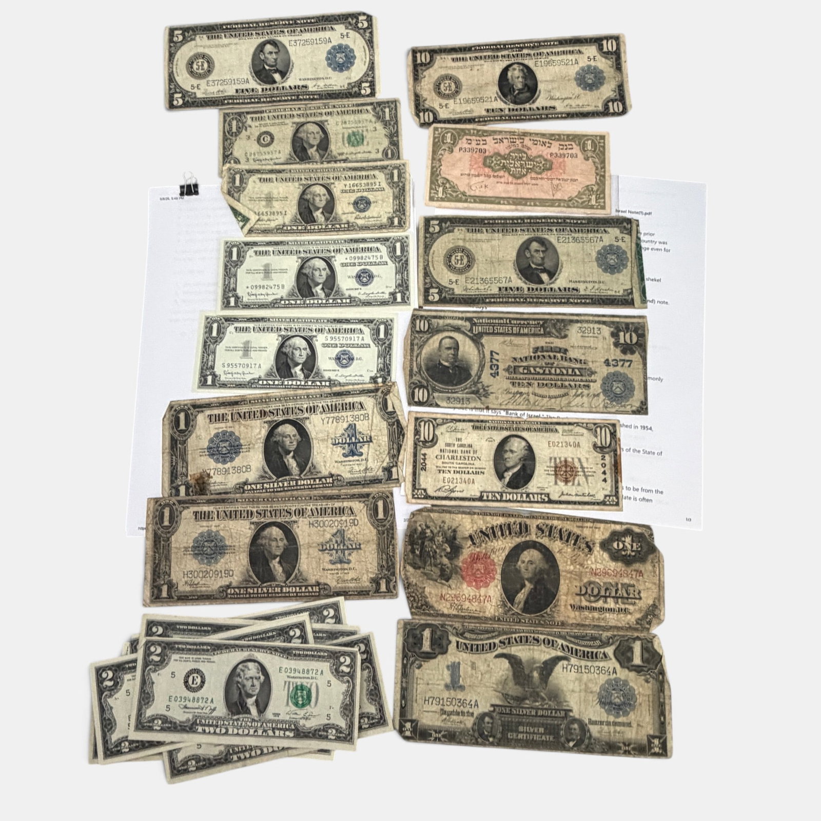 Paper Currency: American and Israel Note: A selection of old American currency notes, in varying conditions, with some common notes. Also, a rarer Bank of Israel One Pound Note in circulated condition, ca. 1955-1960.