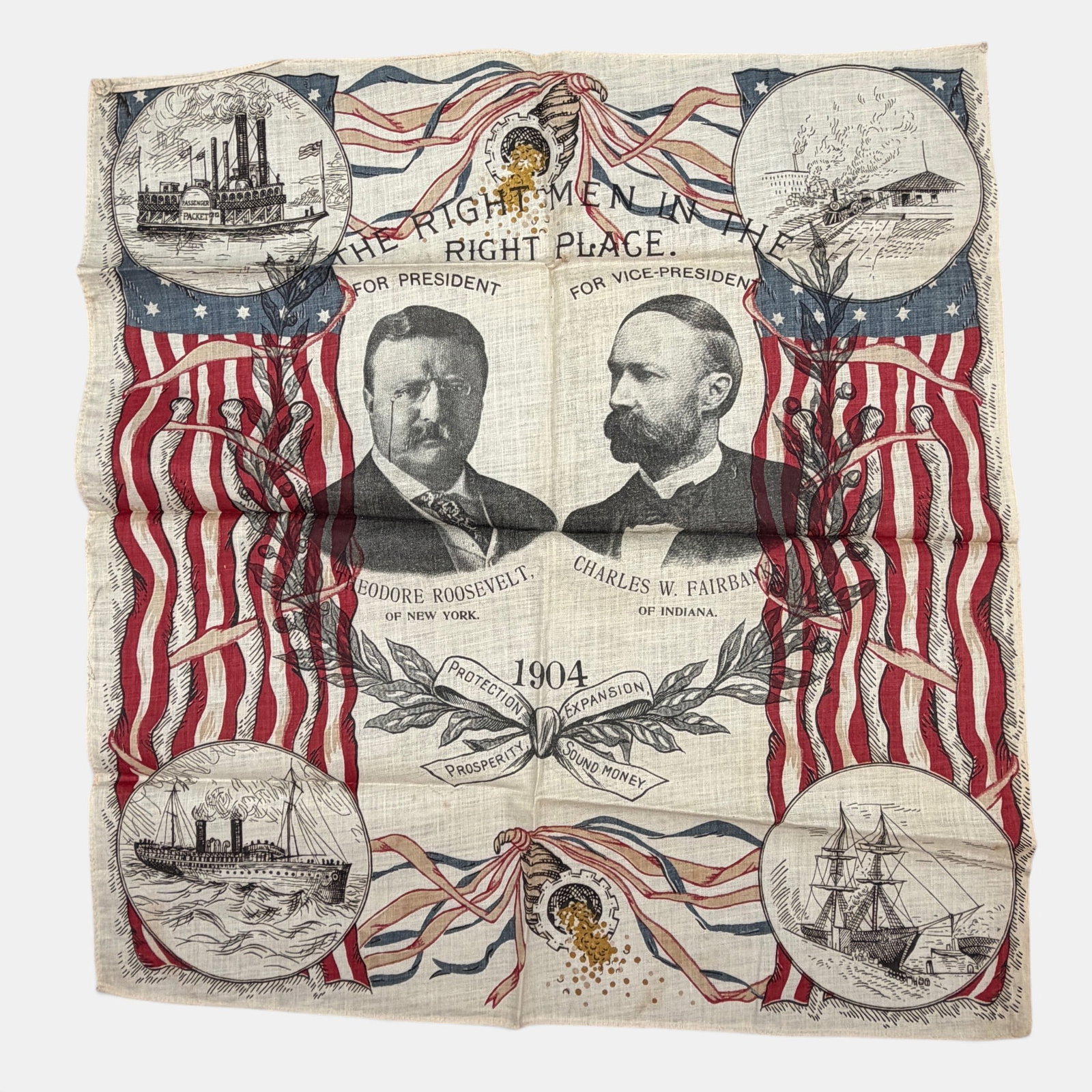 Roosevelt & Fairbanks Multicolored Jugate Bandana: A design featuring the 1904 Republicans reading "The Right Men in the Right Place". A rare campaign over-the-top bandana retaining excellent color. 17.5" ht. x 16.5" wd.