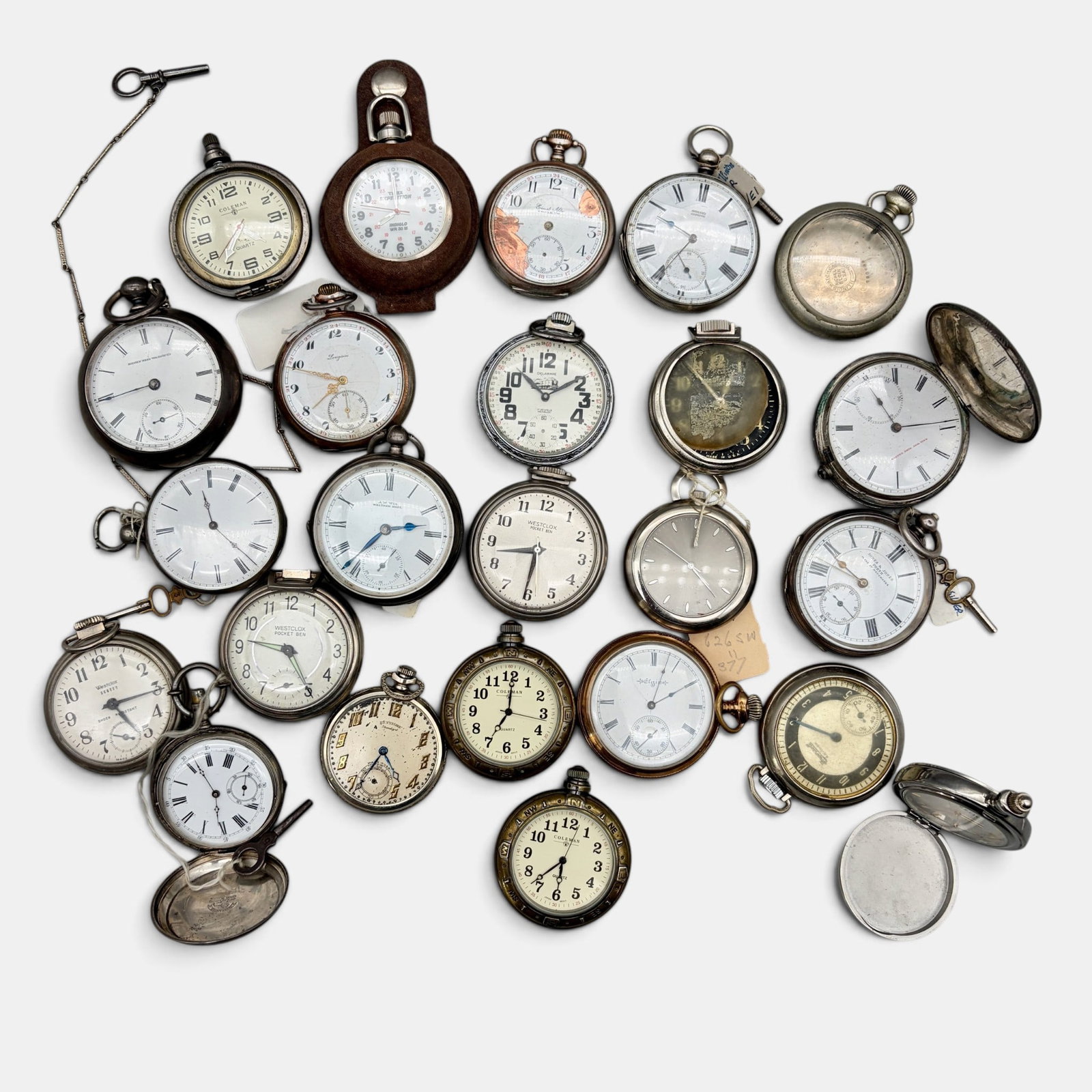 Massive Group of Pocket Watches: Including pocket watches by a large variety of makers, many in sterling silver cases. None of the watches are guaranteed to be in working condition