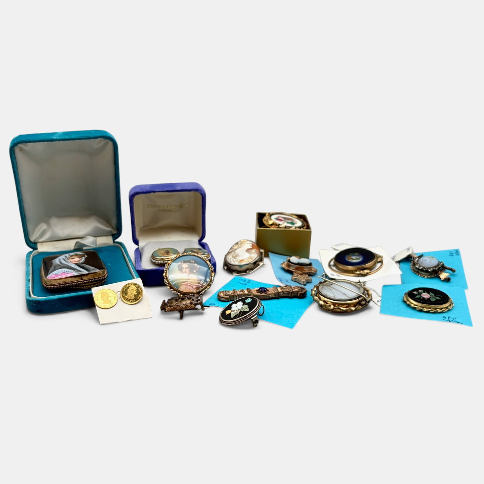 Collection of Cameos, Memorial Brooches, Pietra Dura: Including several cameo brooches, pietra dura lockets, miniatures, and other antique jewelry, many in 10k settings.