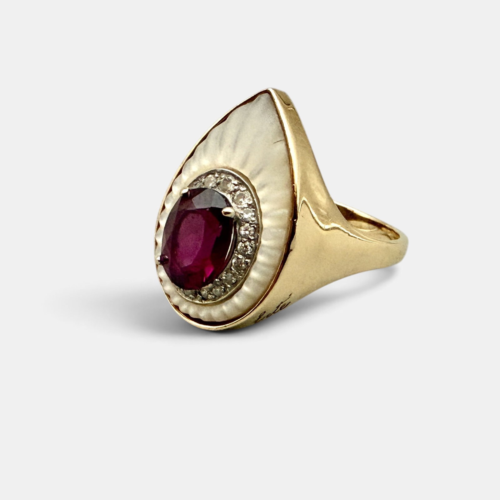 Erte Designed "Claire de Lune" Ring, 14k: Designed by Erte, a 14k, MOP and ruby ring, along with certificate. Total weight .28 ozt.