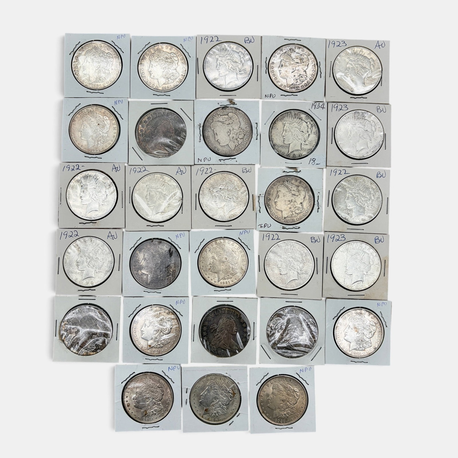 Collection of 28 Morgan, Peace and Liberty Dollars: Including numerous 1921 dollars, also early 1920's peace dollars and Liberty one ounce silver dollars
