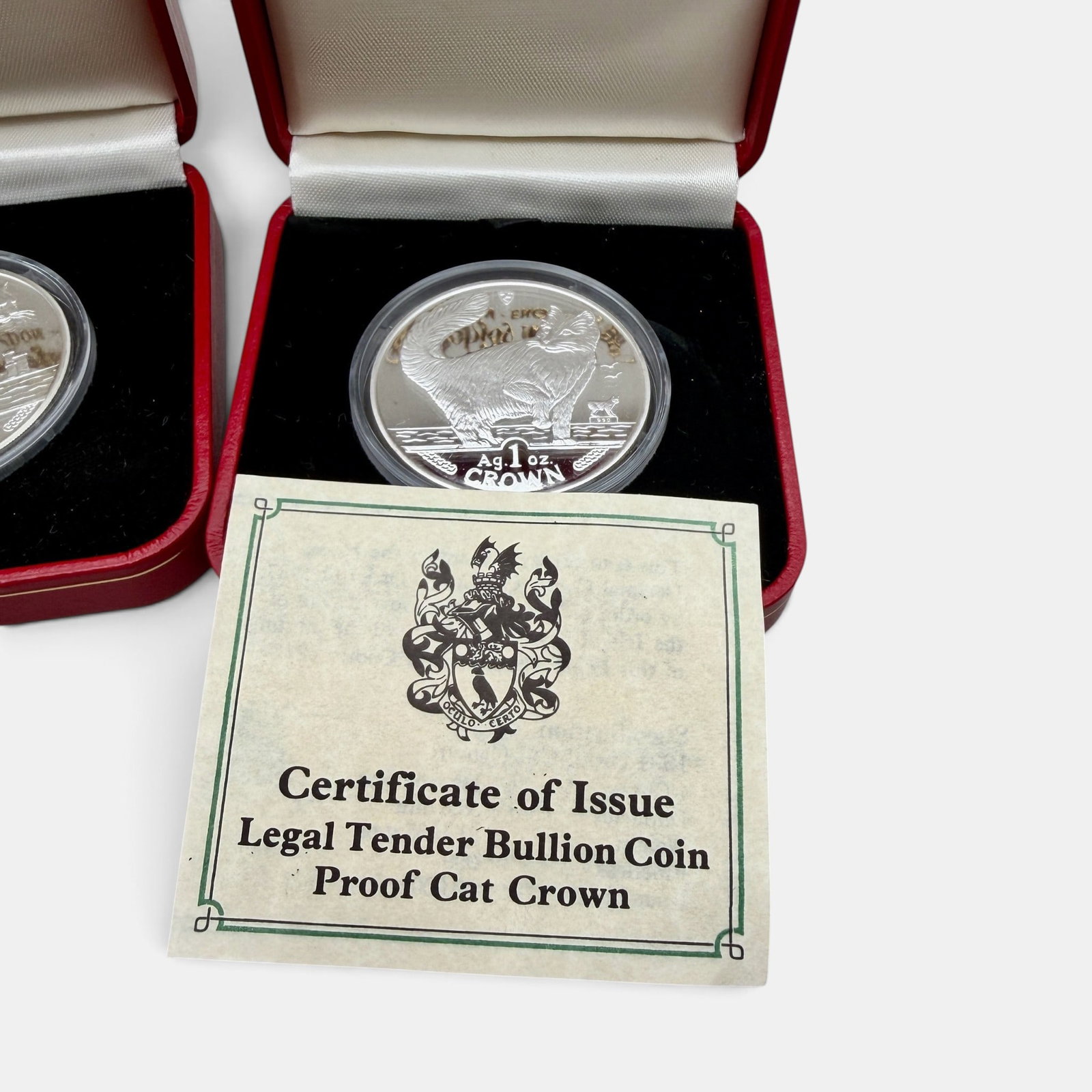 Three Poljoy Mint One Ounce Sterling Silver Coins: Three one ounce sterling silver cat crown proofs from the Poljoy Mint.