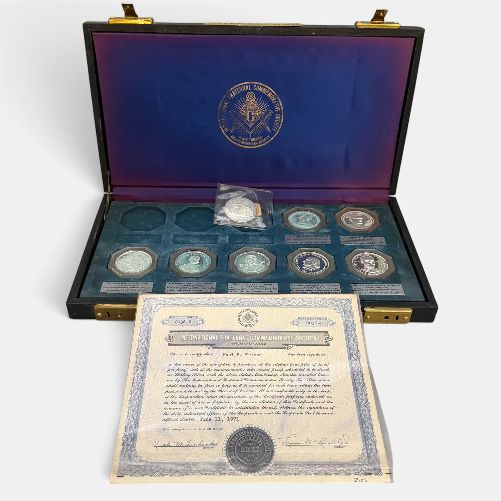 Group of International Fraternal Commemorative Society Coins: 8 coins in total housed in a fraternal commemorative society box.