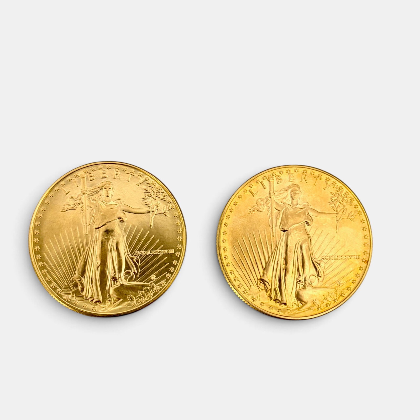 Two One Ounce Fine Gold U.S. Liberty Coins: Two one ounce gold liberty coins, both dated 1988.
