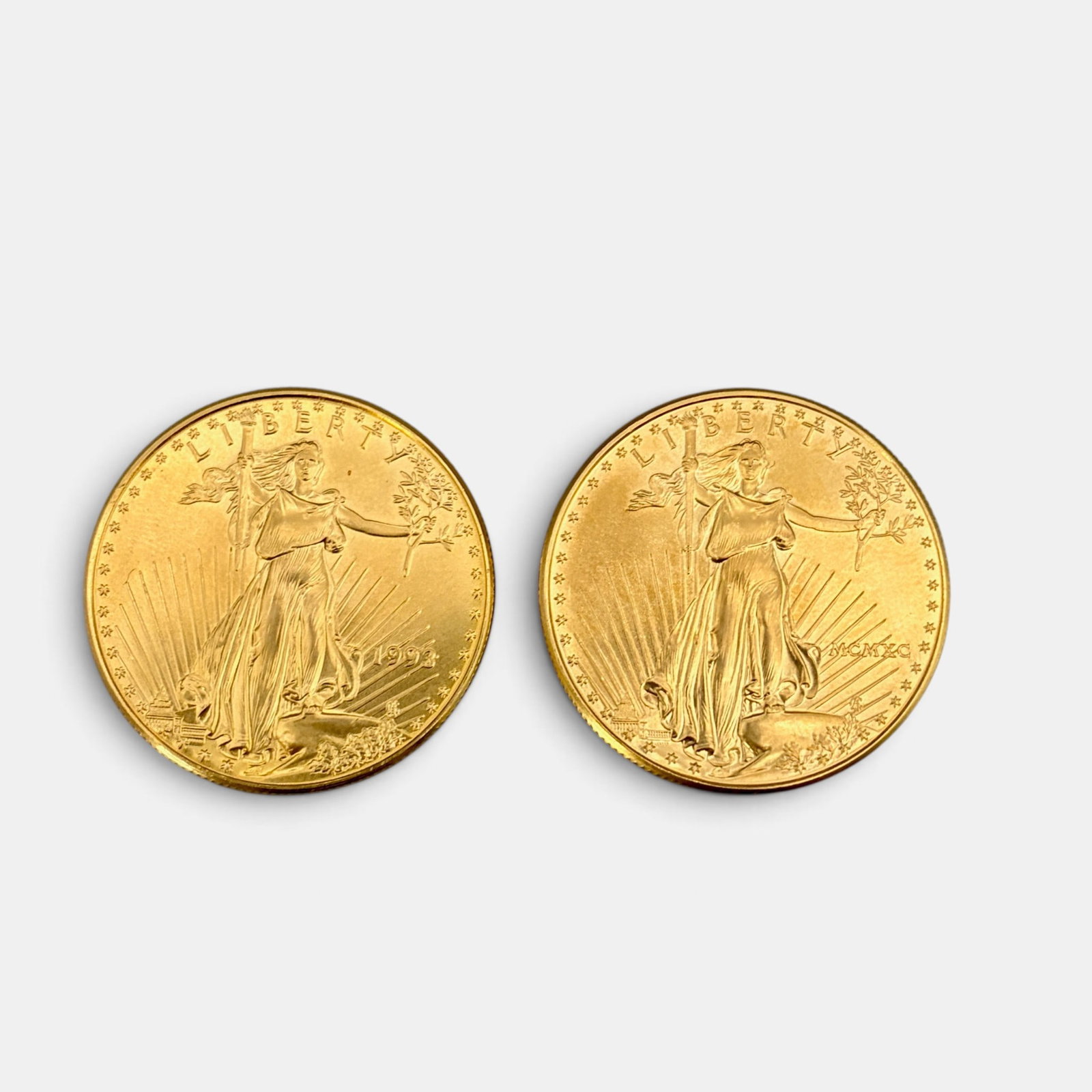 Two One Ounce Fine Gold U.S. Liberty Coins: Two one ounce fine gold liberty coins, 1993 and 1990.