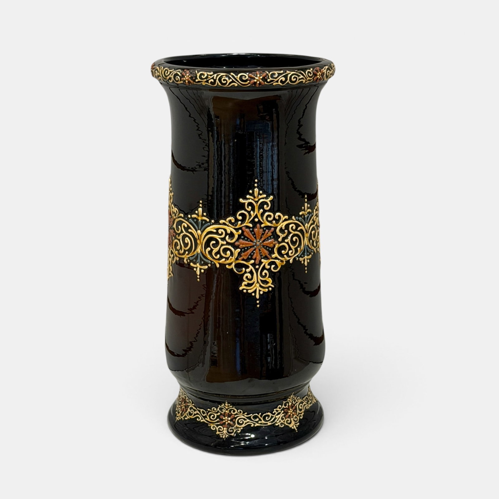 Weller Turada unbrella stand: Weller Turada umbrella stand with blue, red and tan slip trailing. Impressed 561 on underside. Height 20 5/8 inches.
