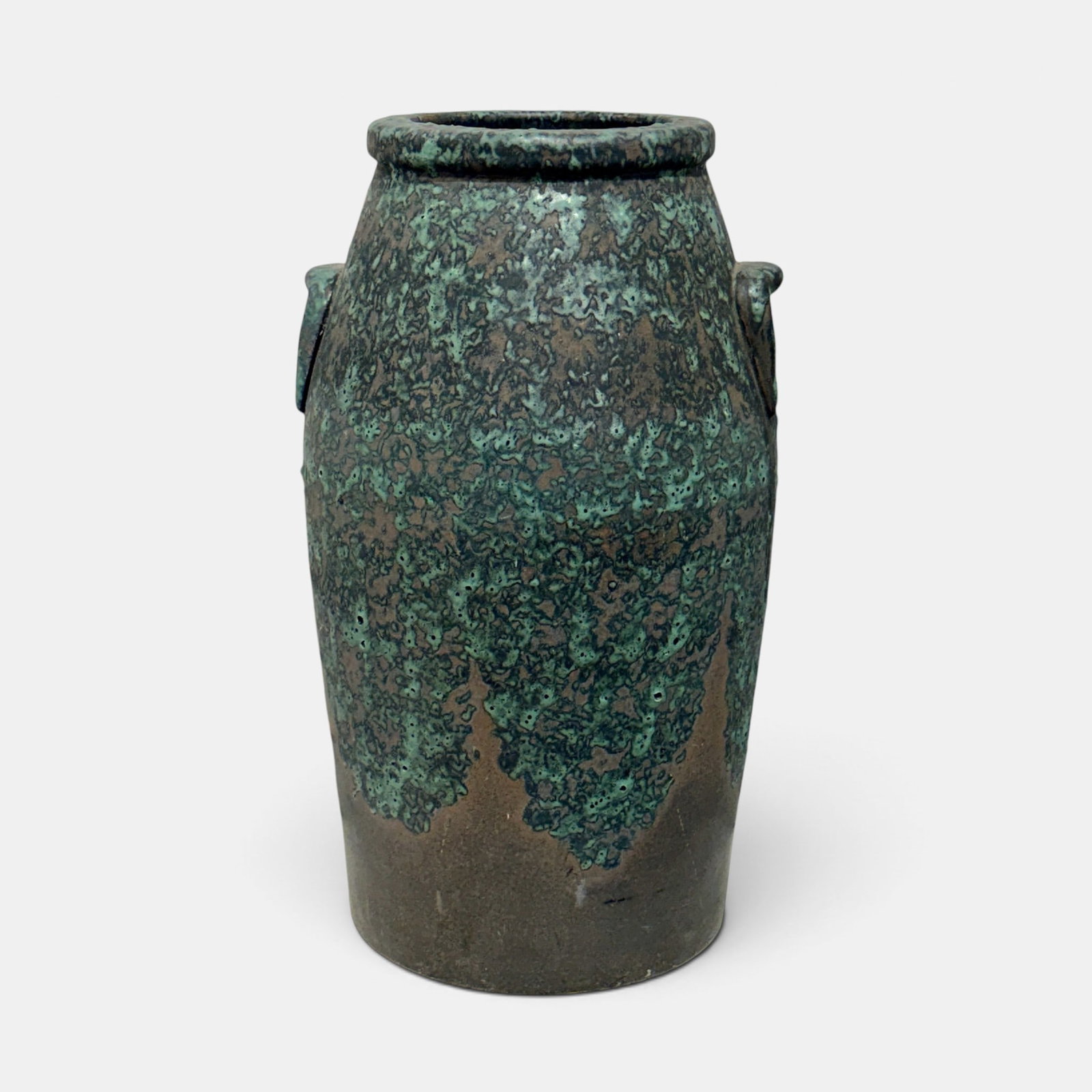 Robinson Ransbottom for National Pottery, umbrella stand circa 1931.: Unusual Robinson Ransbottom for National Pottery umbrella stand in mottled purple, blue and green glazes with two applied handles. Unmarked. Height 26 1/4 inches. A similar example is pictured in the