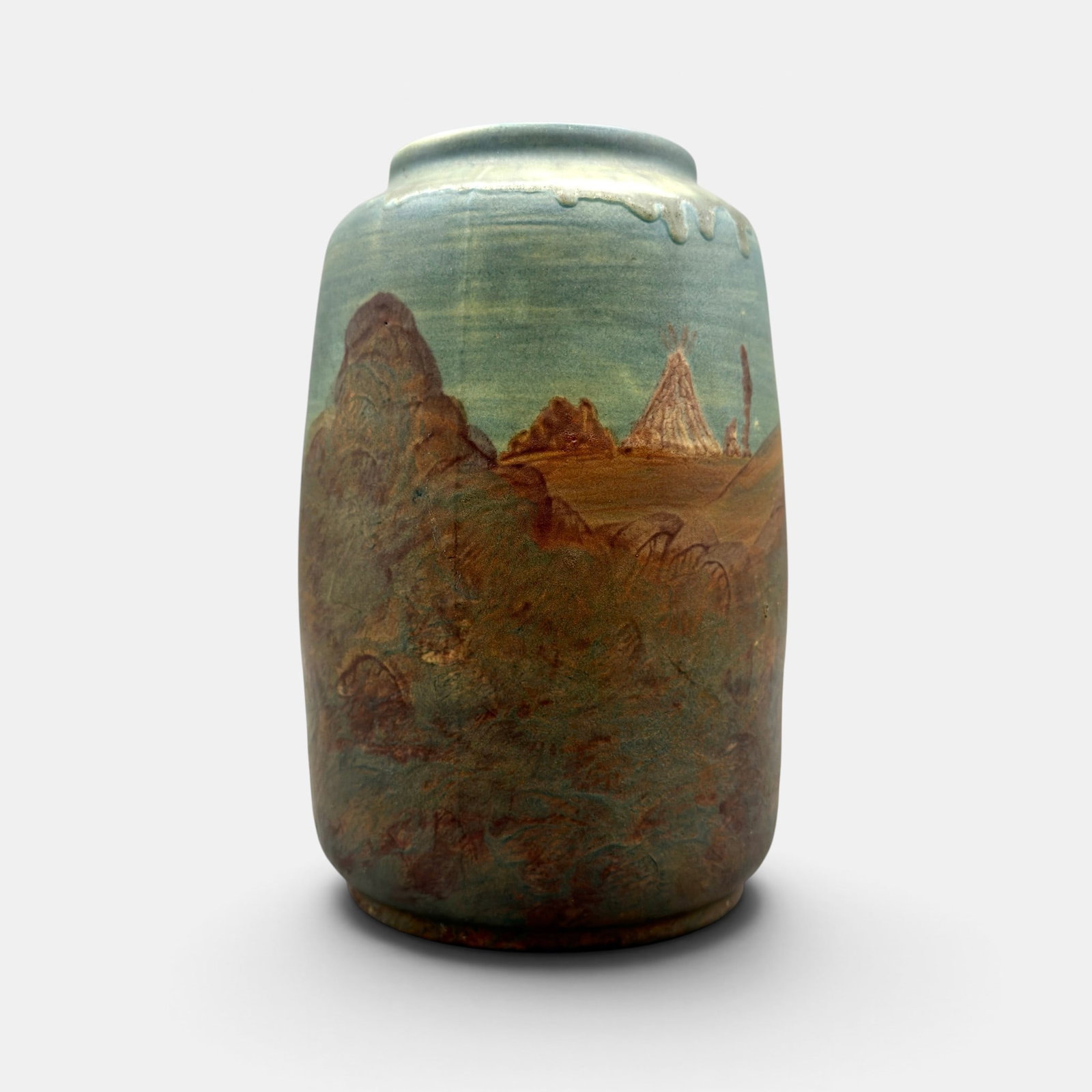 Peters and Reed, Chromal vase, Tepee.: Peters and Reed Chromal vase with rare scene of tepee and what appears to be a single figure beside a campfire. A small tree grows on a nearby hill. Unmarded. Height 8 3/8 inches.