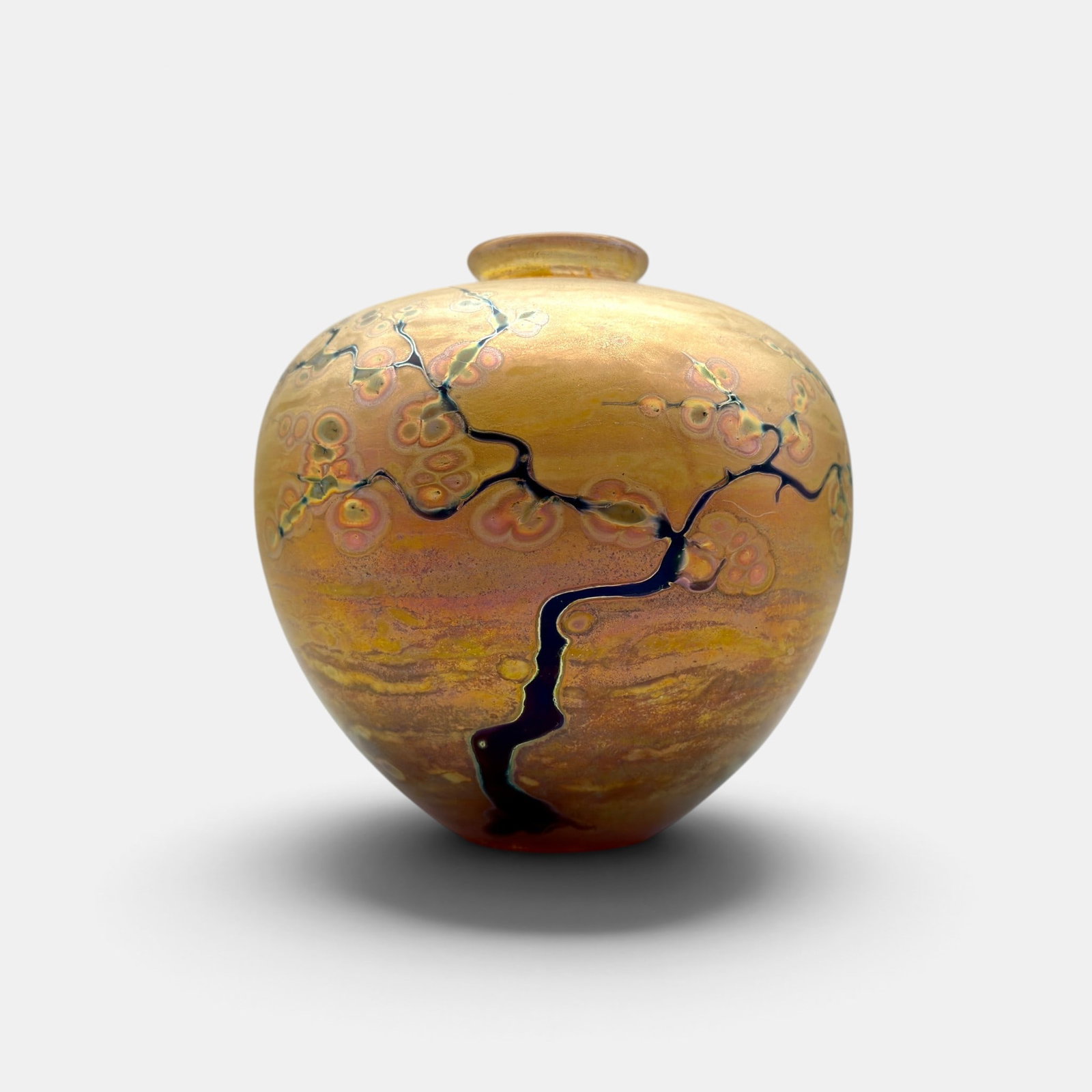 Heillman-Roessler Glass vase, Plum Blossom Tree, 1979.: Chris Heillman and Joyce Roessler glass vase entitled "Plum Blossom Tree". Etched Heillman Roessler Plum Blossom Tree 10-20-79. Height 6 3/8 inches.