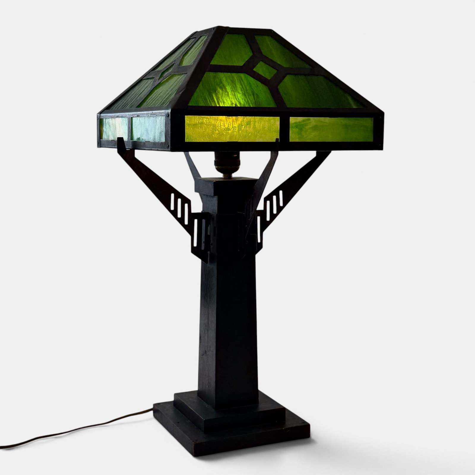 Arts & Crafts style lamp, wooden base, glass insert shade. (1 of 5)