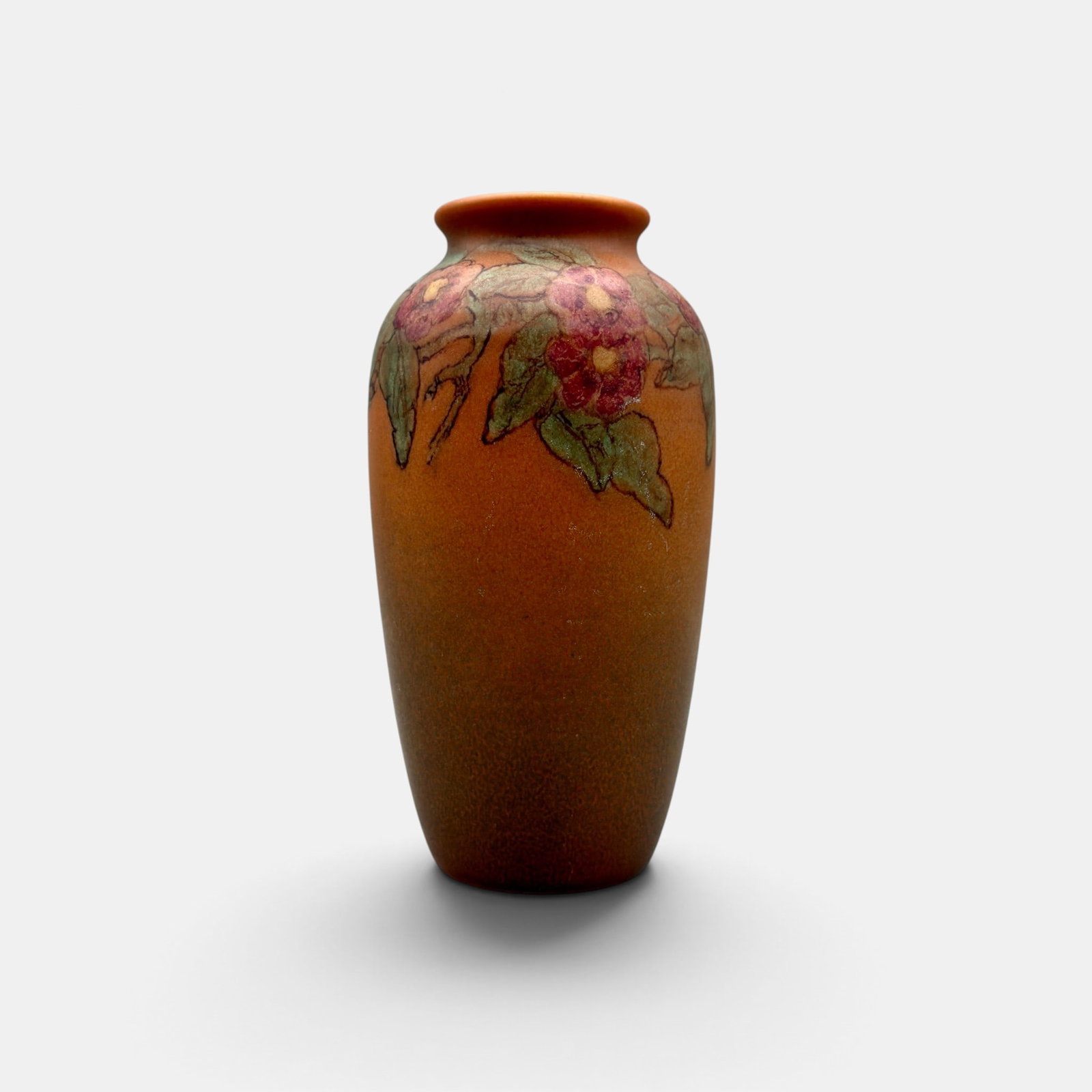Rookwood mat vase, band of flowers, Barrett, 1926: Rookwood Mat glaze vase with a band of red flowers and green leaves on its shoulder, done by Elizabeth Barrett in 1926. Marks include impressed Rookwood logo, XXVI, Shape number 922 D. Height 7 5/8 in