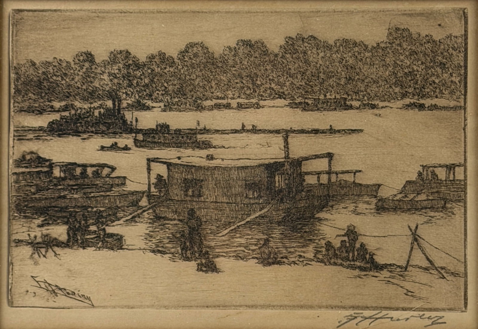 E.T. Hurley etching "Ohio River Craft" (1 of 5)