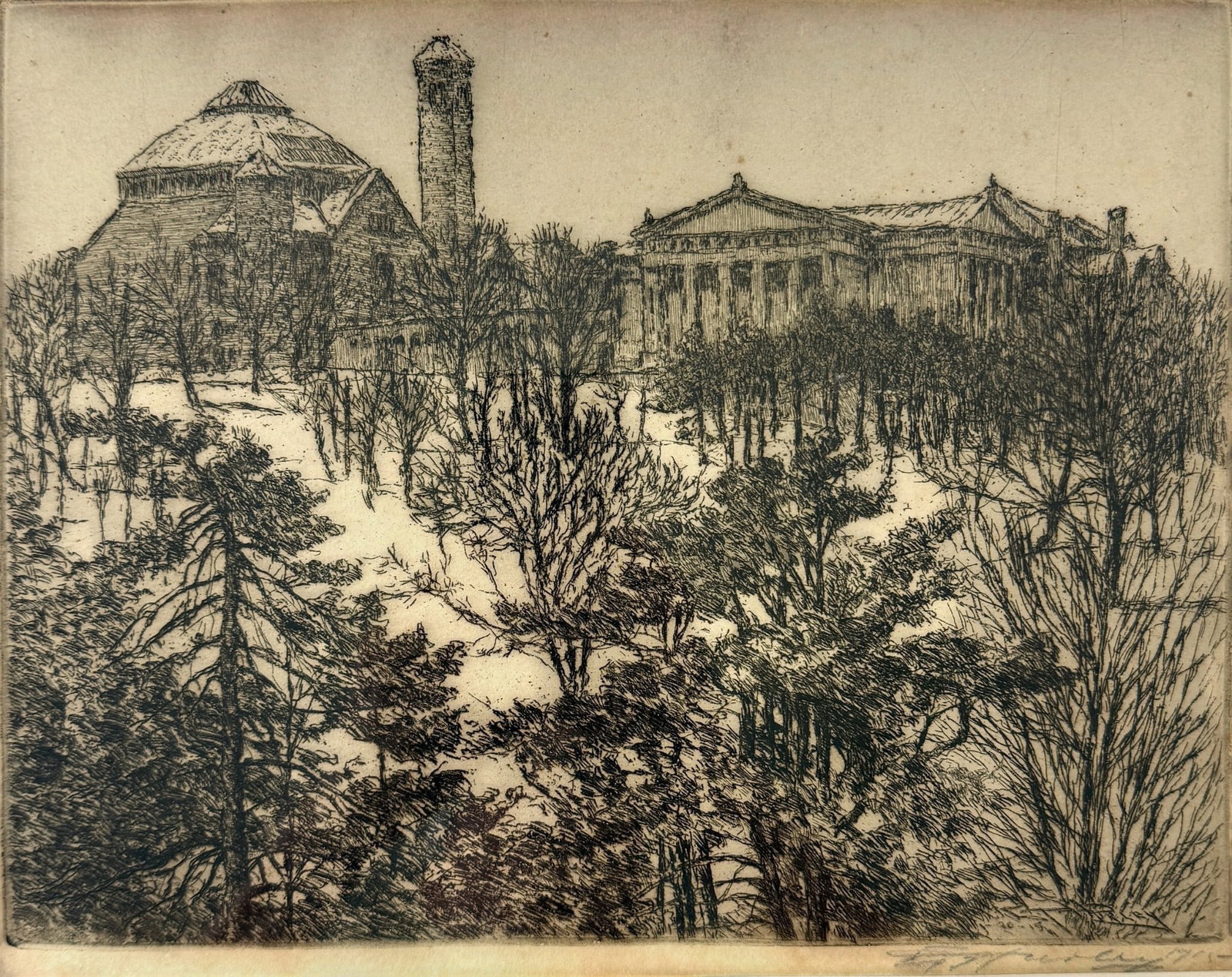 E.T. Hurley etching of Cincinnati Art Museum, 1915.: Rare E.T. Hurley etching featuring the Cincinnati Art Museum. Signed and dated 1915 in the plate and signed and dated in pencil in the margin. Sight size 9 1/2 by 12 inches. With newer frame, size is