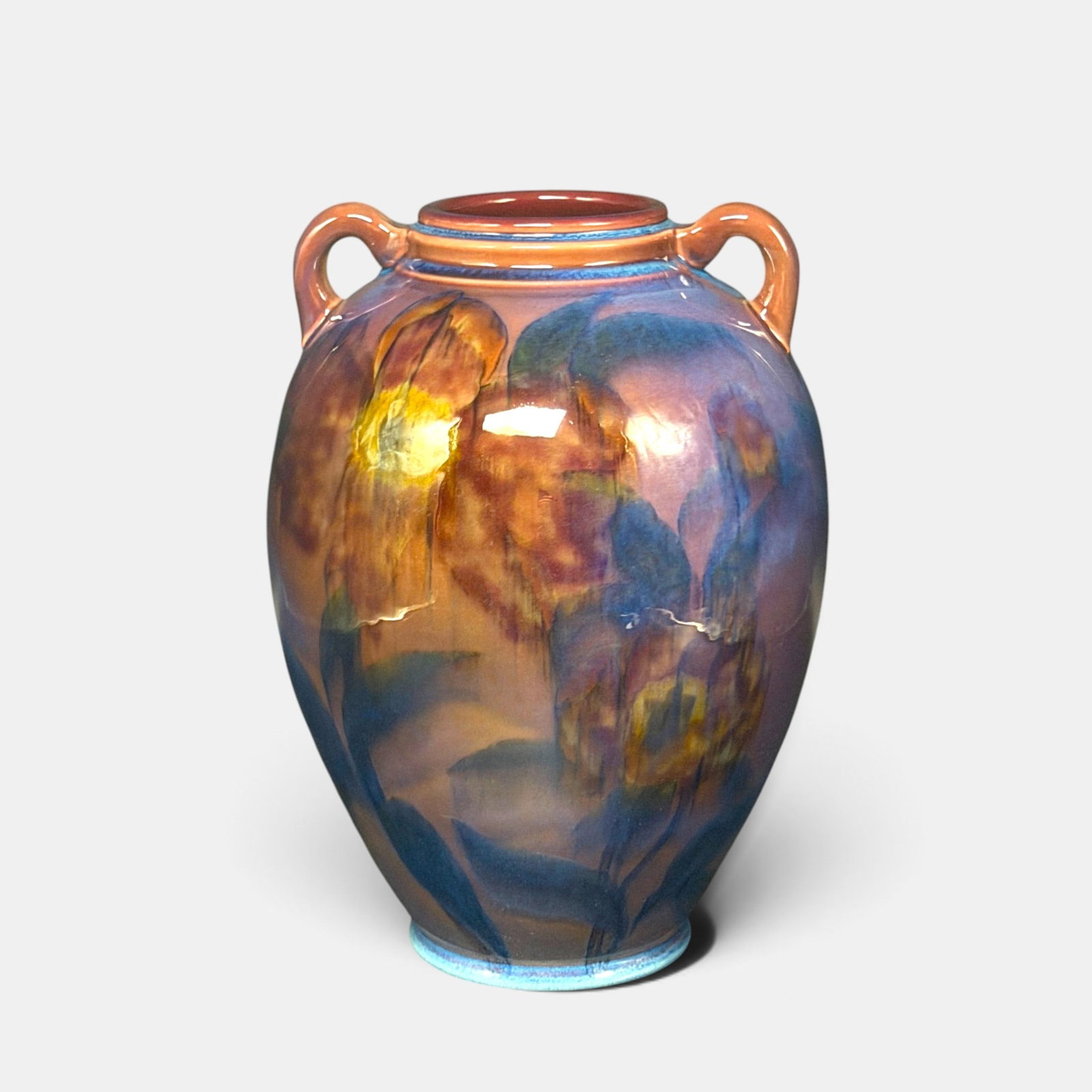 Rookwood twin handled Black Opal, Sax, 1925.: Large Rookwood Black Opal twin handled floral vase painted by Sara Sax in 1925. The vase has a large amount of the subtle blue hazing associated with Black Opal along with large floral sprays. Impress
