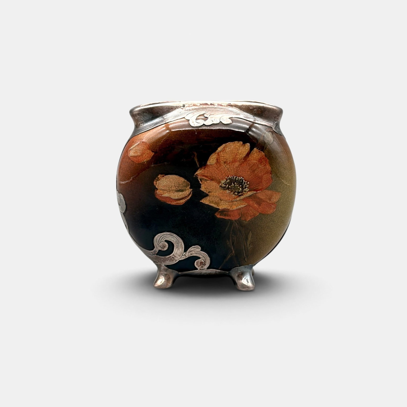 Rookwood Standard glaze pocket vase, Silver overlay, 1892.: Rookwood Standard glaze pocket vase with red poppy decoration and Gorham Silver overlay done in 1892. Impressed Rookwood logo with six flames, Shape number 90 C, W for white clay. Incised artist's mar