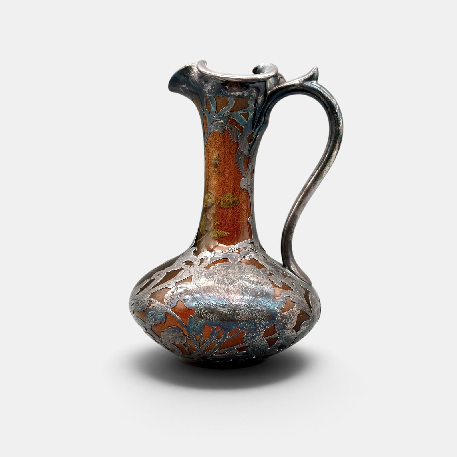 Rookwood Standard glaze vase with Gorham Silver overlay, Zettel, 1893.: Rookwood Standard glaze vase with honerysuckle decoration by Josephine Zettel and elaborate silver overlay by Gorham, all done in 1893. Impressed Rookwood logo with 7 flames, Shape number 468 CC, W fo