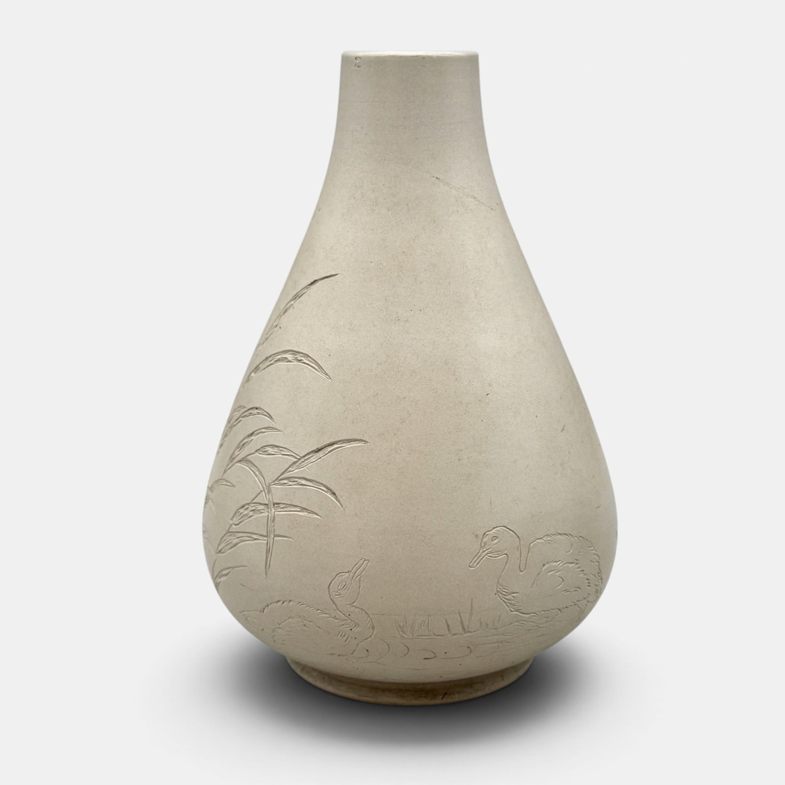 Rookwood Limoges style vase, carved grasses and ducks, Wenderoth, 1882.: Early Rookwood Limoges style vase with carved decoration consisting of Asian grasses and two ducks, the work of Harriet Wenderoth in 1882. Impressed ROOKWOOD 1882. Incised HW and G for ginger clay. He