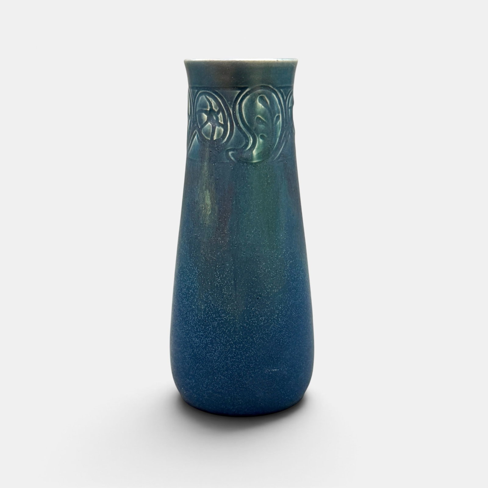 Rookwood Carved mat vase, band of flowers on collar, Todd, 1914.: Rookwood Carved mat vase with a band of flowers on the collar done by C.S. Todd in 1914. Impressed Rookwood logo, XIV, Shape number 950 D. Incised C.S.T. Height 9 inches.
