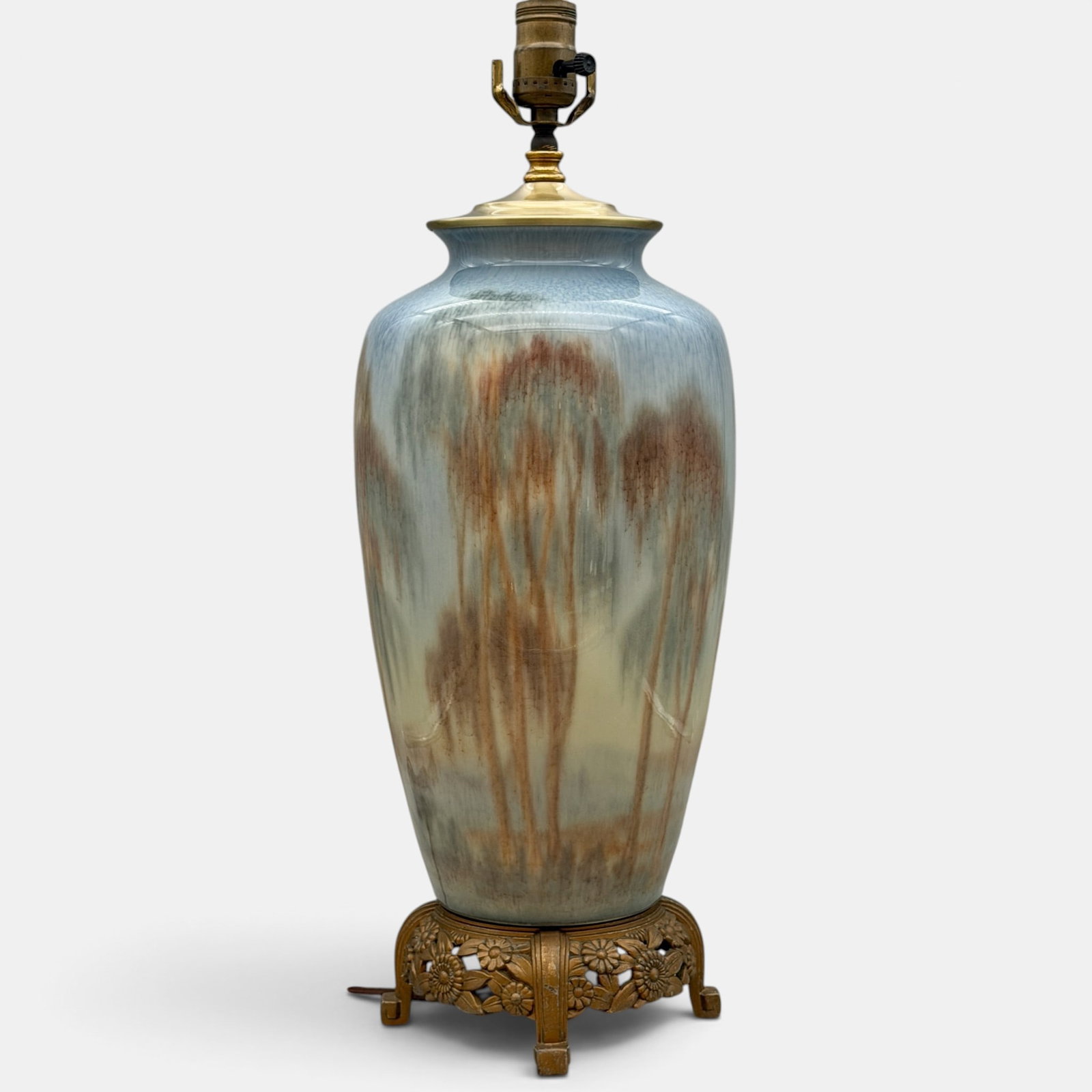 Tall Decorated Porcelain scenic lamp, Helen McDonald, 1936.: Rookwood Decorated Porcelain scenic lamp-vase with many tall trees in pastel colors, done by Helen McDonald in 1936. In a period when little art was created at Rookwood, McDonald produced a number of 