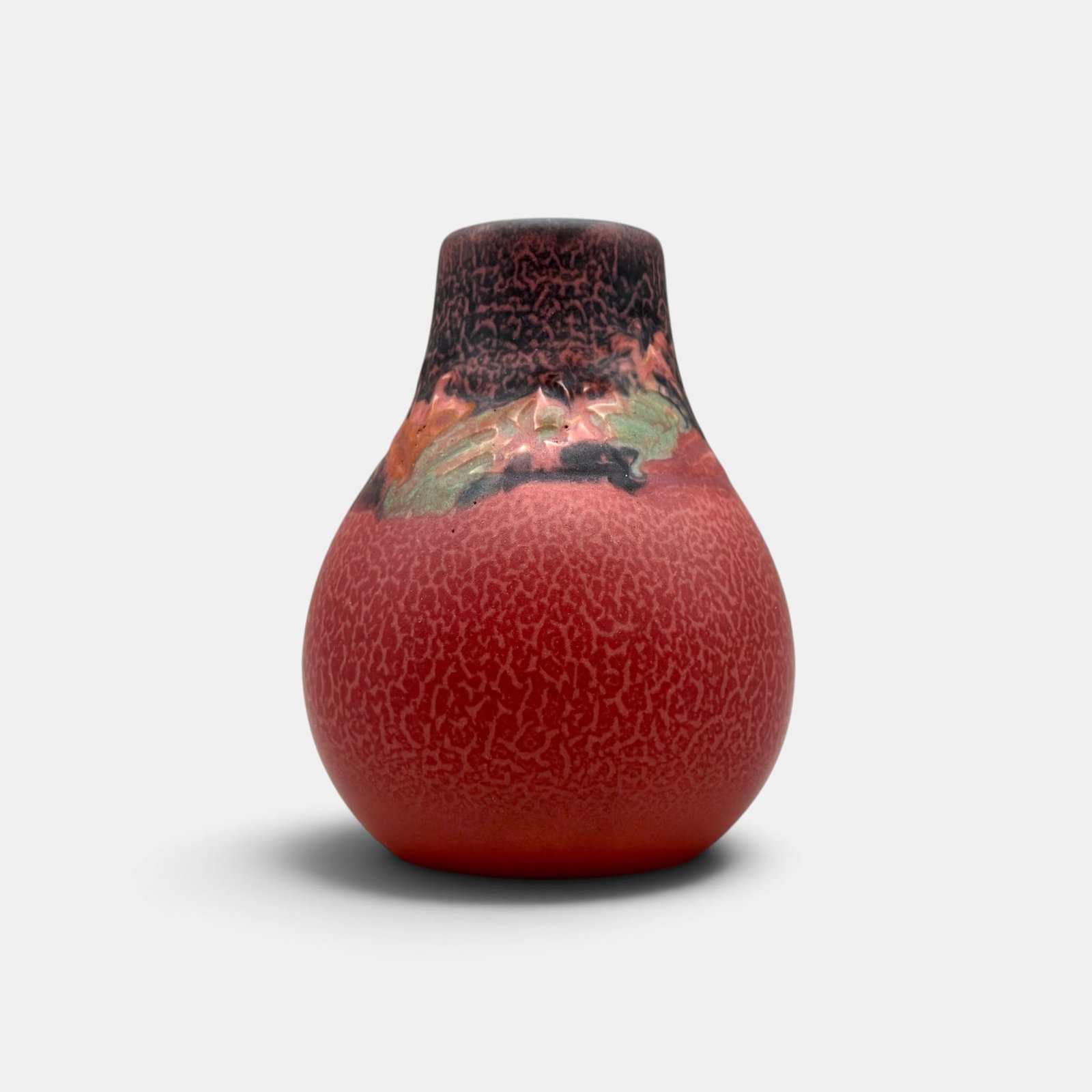 Carved and painted mat, Lincoln and McLaughlin. 1918.: Carved and painted Decorated Mat vase with colorful flowers on the shoulder done in 1918 by both Elizabeth Lincoln. and Charles McLaughlin. Impressed Rookwood logo, XVIII, Shape number 969 D and McLau