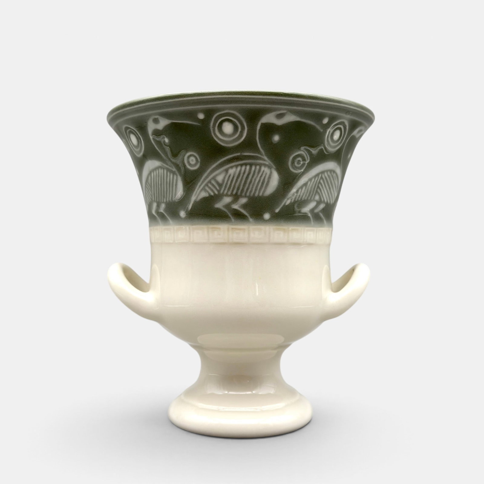 Rookwood Decorarted Porcelain vase, Barrett, wild birds, 1935.: Rookwood twin handled Decorated Porcelain vase with tube lined birds and stars by Elizabeth Barrett in 1935. Impressed Rookwood logo, XXXV, Shape number 6495. Incised Barrett monogram. Paper label for