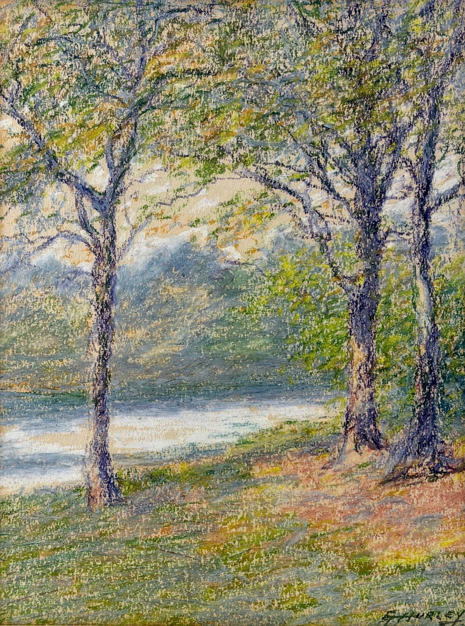 E.T. Hurley (1869-1950) pastel of Spring scene, circa 1935.: E.T. Hurley (1869-1950) Ohio-Kentucky, pastel of a Spring, a scene of trees and a small lake. Signed and possible dated lower right. Sight size is 14 by 10 5/8 inches. Overall size with original Closs