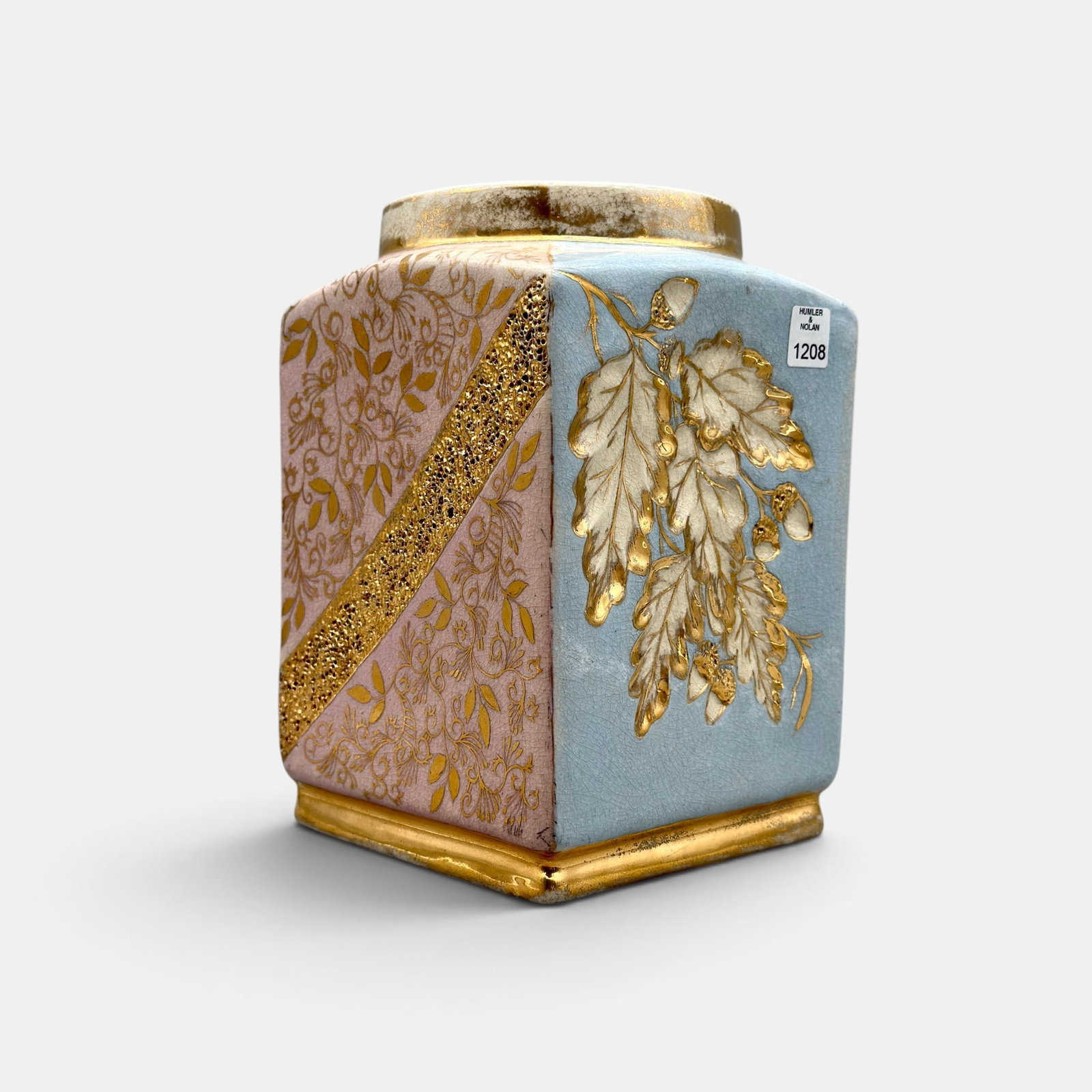 William Dell or CAP lamp vase, leaves, berries, acorrns, circa 1888.: William Dell or Cincinnati Art Pottery Hungarian Faience square lamp vase with incised leaves, berries and acorns with fired on gold enhancement. Marked with only a Humler & Nolan paper label for lot 