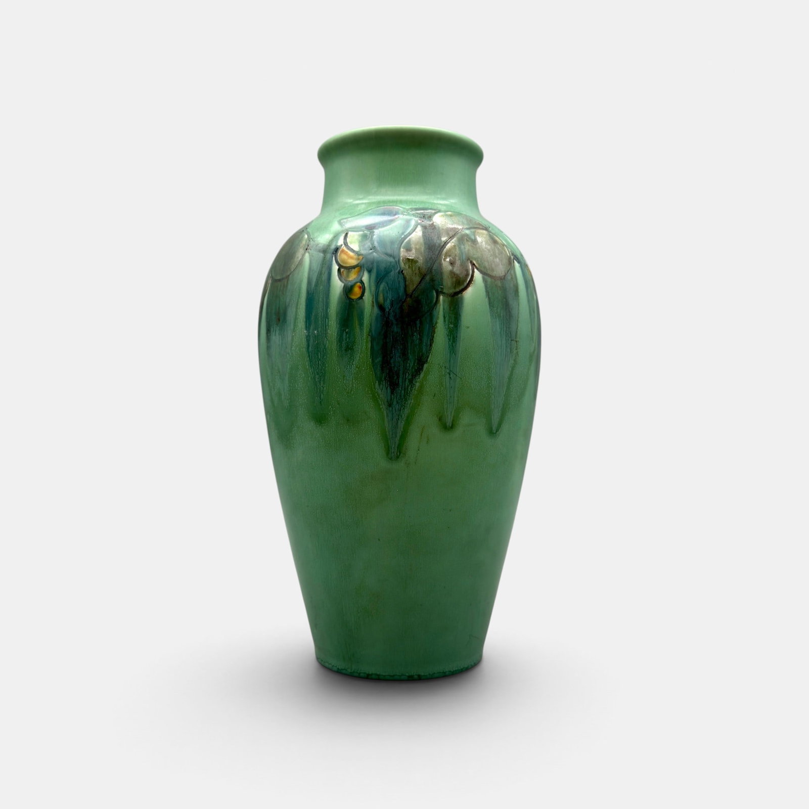 Lightly carved Mat glaze floral vase, Todd, 1919. (1 of 3)