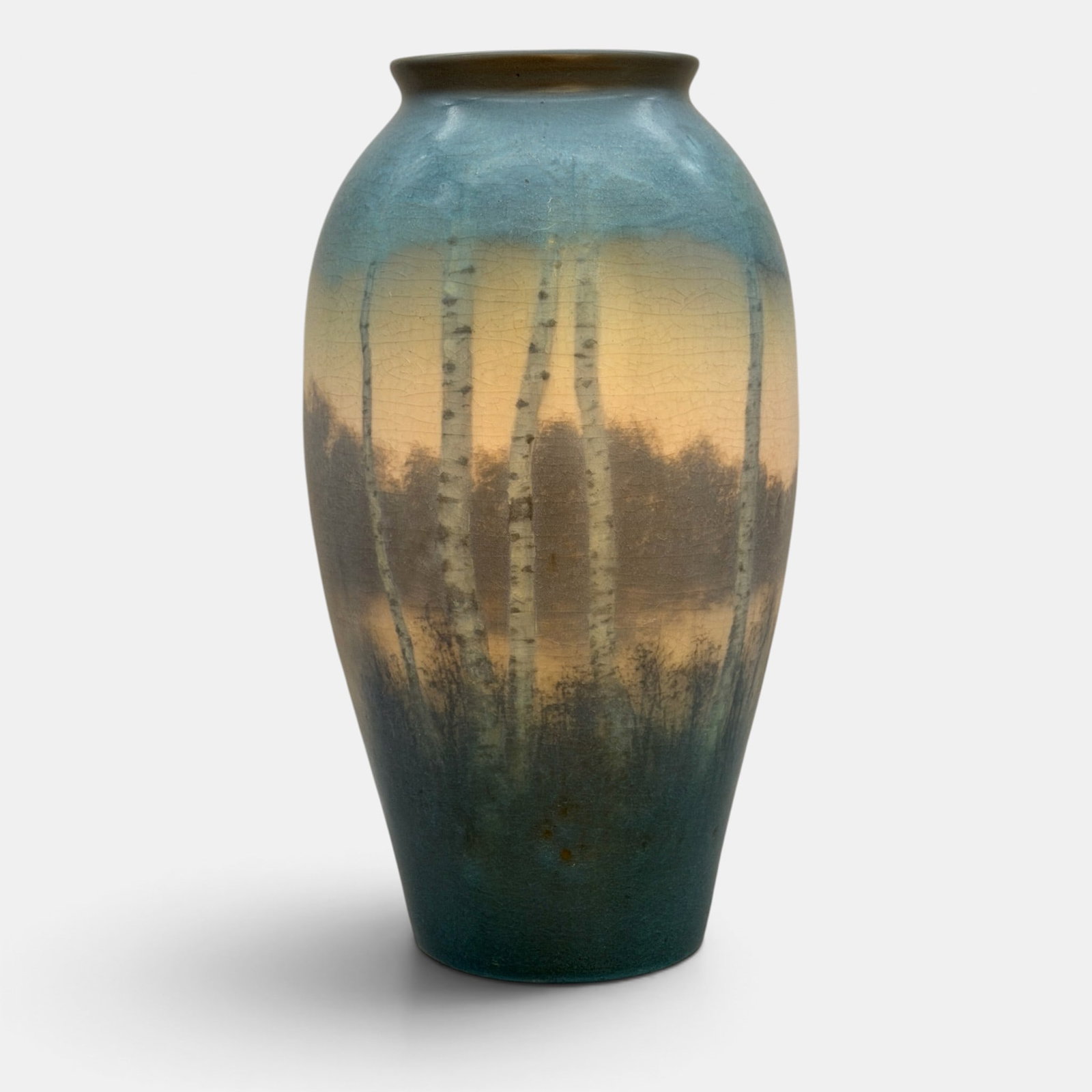 Tall Rookwood Vellum Scenic, Hurley, 1913: Large Rookwood velyum scenic with birch trees around a lake, done by E. T. Hurley in 1913. Impressed Rookwood logo, XIII, shape #857, V. incised ETH monogram. Ht. 15 1/4"