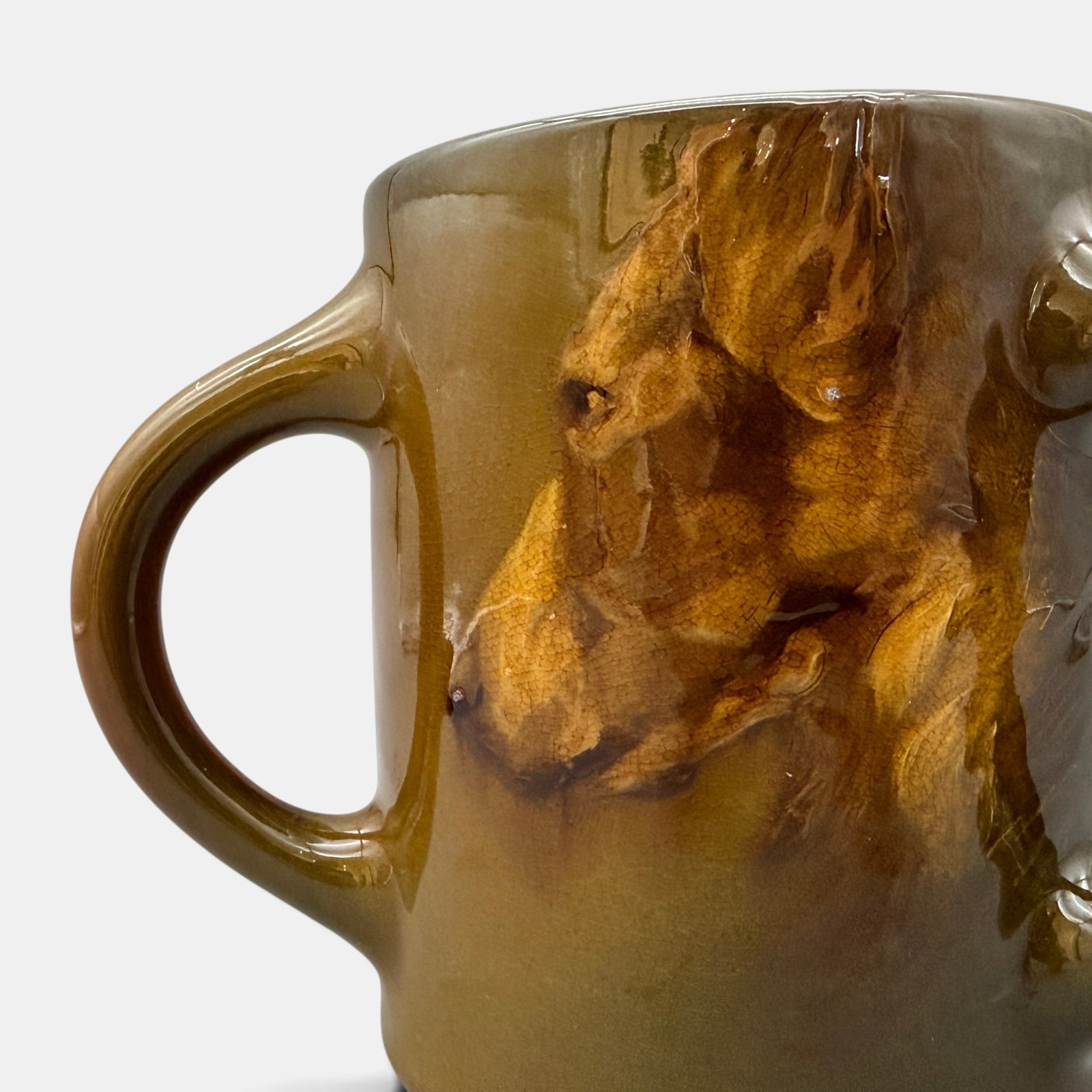Rookwood Standard Tyg, Collie, Hurley, 1900.: Rookwood Standard glaze Tyg with the profile of a Collie done by E.T. Hurley in 1900. Impressed Rookwood logo and flames, Shape number 830 E, incised ETH, Cincinnati Art Galleries label for lot 1197