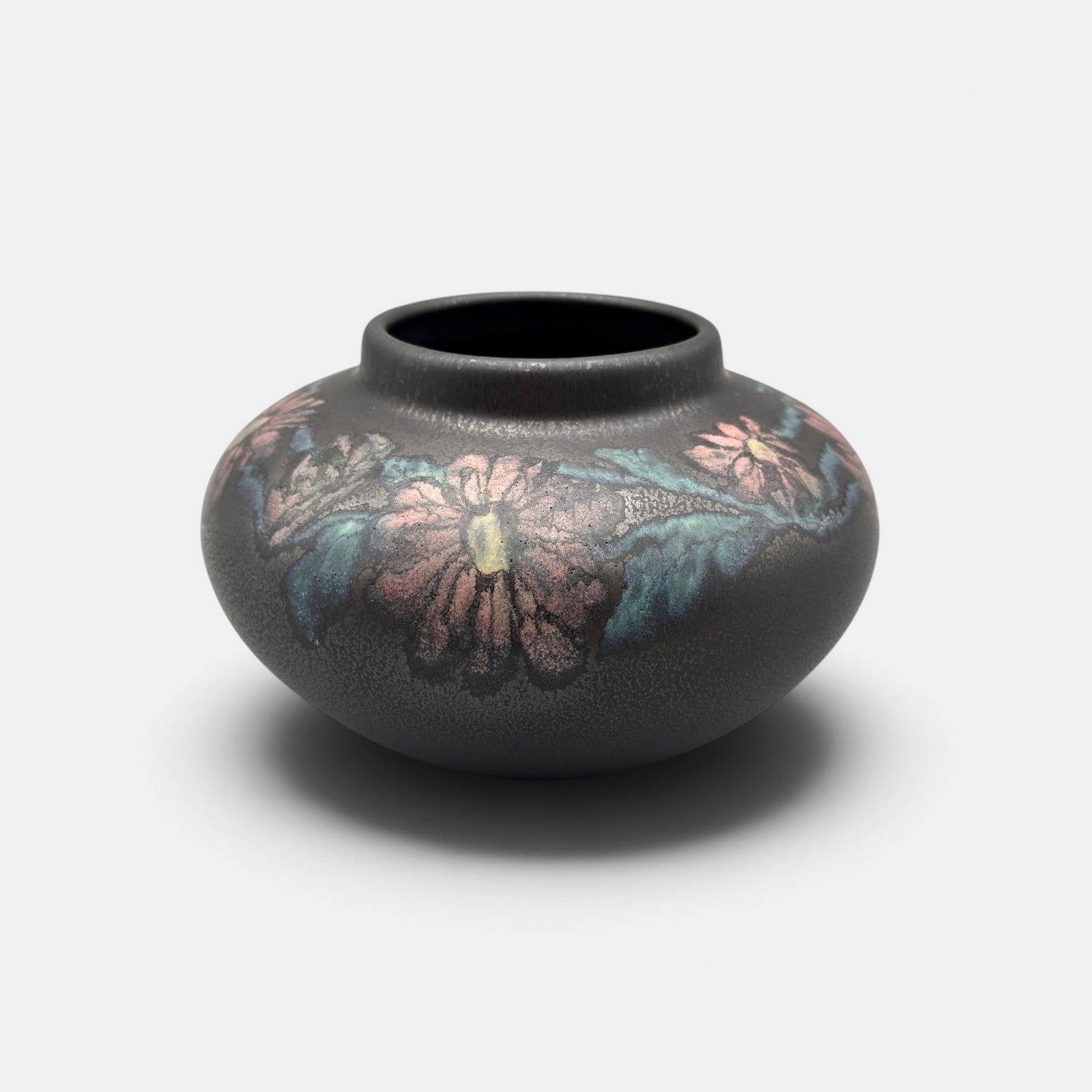 Rookwood Decorated Mat, zinias, Hurley, 1921.: Unusual Rookwood Decorated Mat vase with colorful zinias on a black background glaze which is slightly crystalline with tiny silver crystals evenly spaced. This is a rich glaze Rookwood rarely used