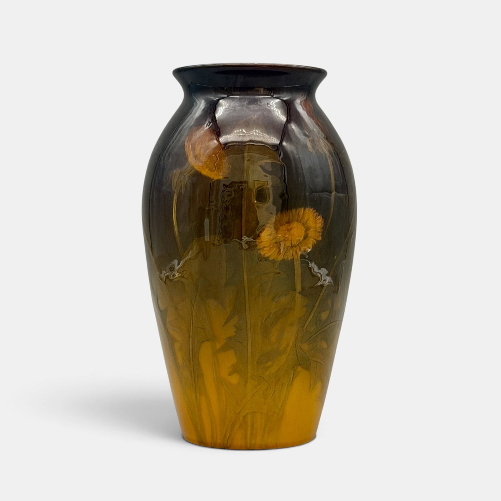 Rookwood Standard vase, daisies, Anna Valentien, 1899.: Rookwood Standard glaze vase with nicely detailed daisies, the work of Anna Valentien in 1899. Impressed Rookwood logo with 13 flames, Shape 568 B. incised AMV. Height 9 inches.