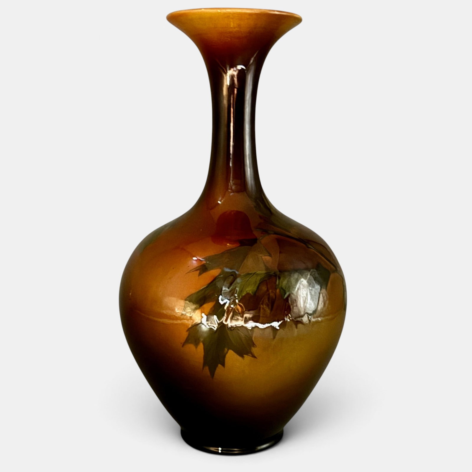 Rookwood Standard vase, acorns, oak leaves, AMV, 1896.: Crisp Rookwood Standard glaze vase with green oak leaves and acorns, the work of Anna Valentien in 1896. Impressed Rookwood logo with 10 flames, Shape number. 578 C. Incised A.M.V. Height 11 7/8