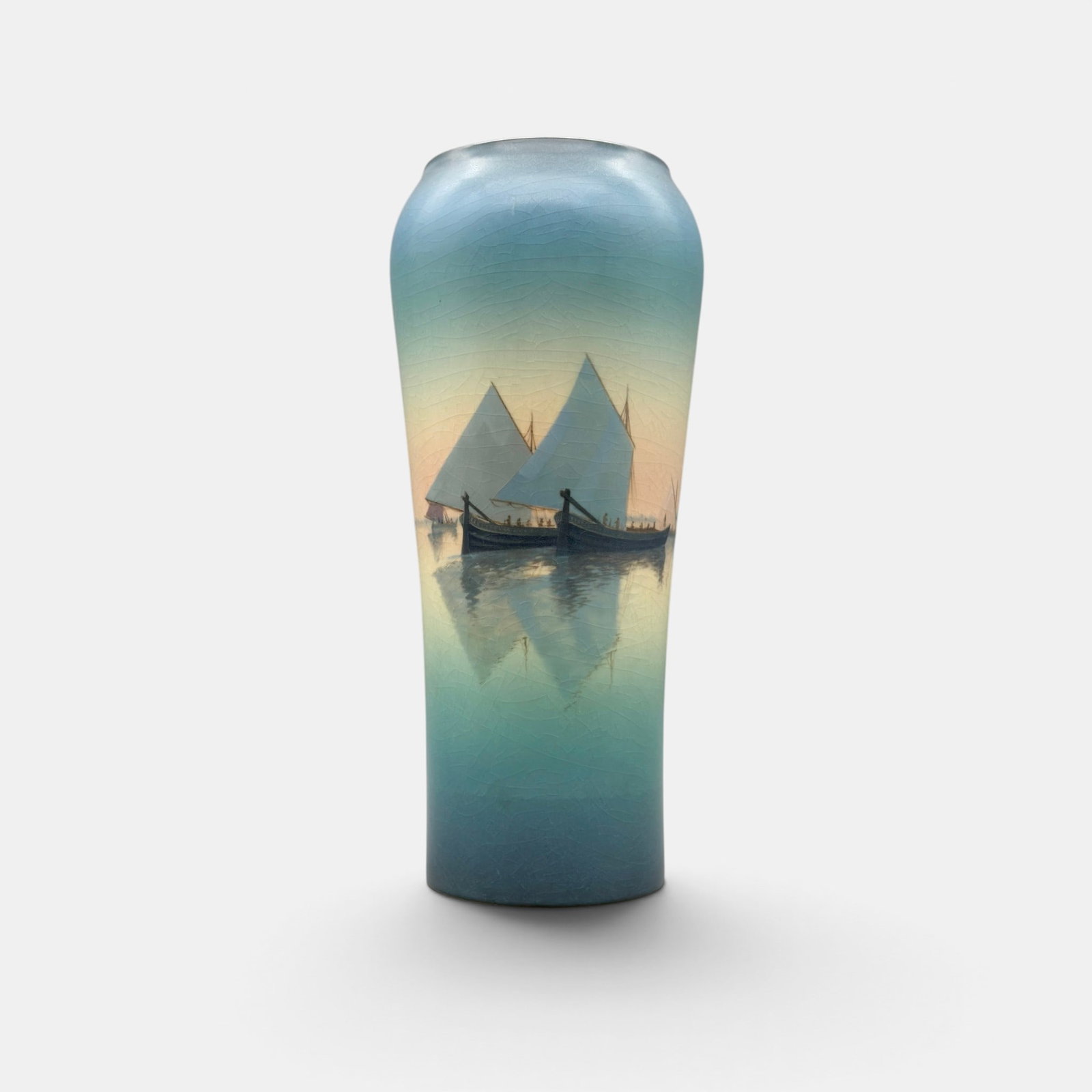 Rookwood Vellum, Venice Harbor, Schmidt, 1920: Classic Carl Schmidt Vellum glaze scenic vase featuring the harbor at Venice showing several large ships with crewmen scurrying about. Impressed Rookwood logo, XX, Shape number 2093 C, V and CS