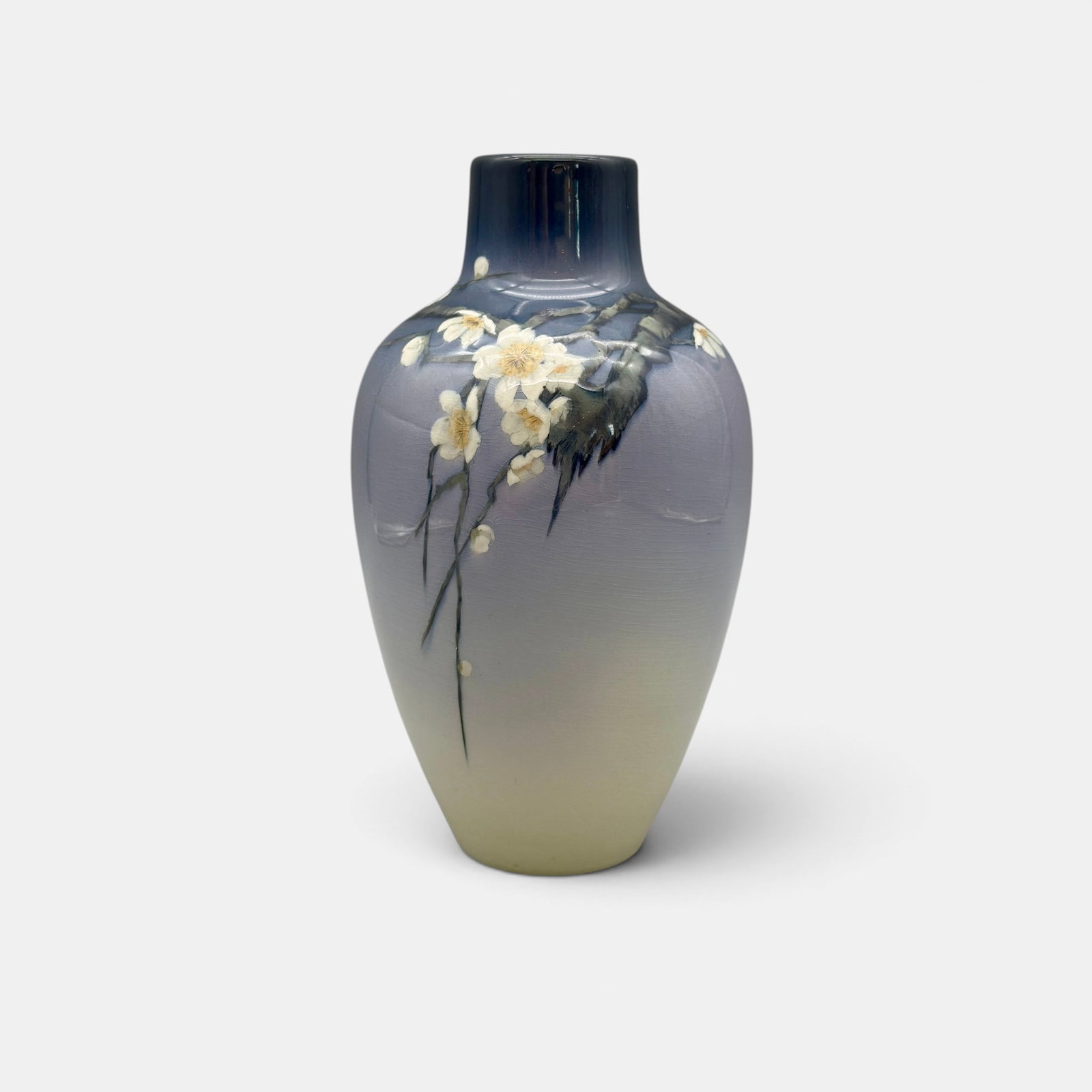Rookwood Iris glaze vase, apple blossoms, Coyne, 1908.: Rookwood Iris glaze vase with nicely detailed apple blossoms and limbs done by Sallie Coyne in 1908. Impressed Rookwood logo, VIII, Shape number 905 D, incised W and SEC. Height 8 1/4 inches.