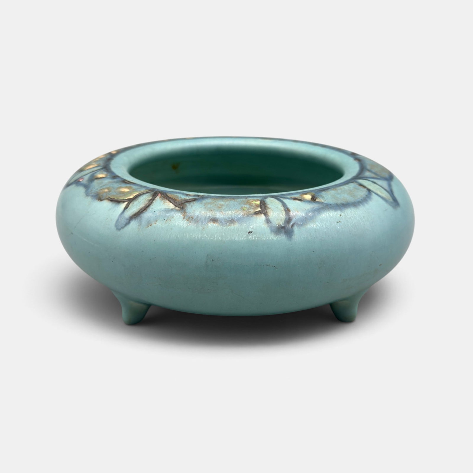 Rookwood bowl, incised floral border, Todd, 1920.: Rookwood bowl with incised and painted decoration around the shoulder, supported by four stubby feet, the work of C.S. Todd in 1920. Impressed Rookwood logo, XX, Shape number 466 B. Height 2 7/8