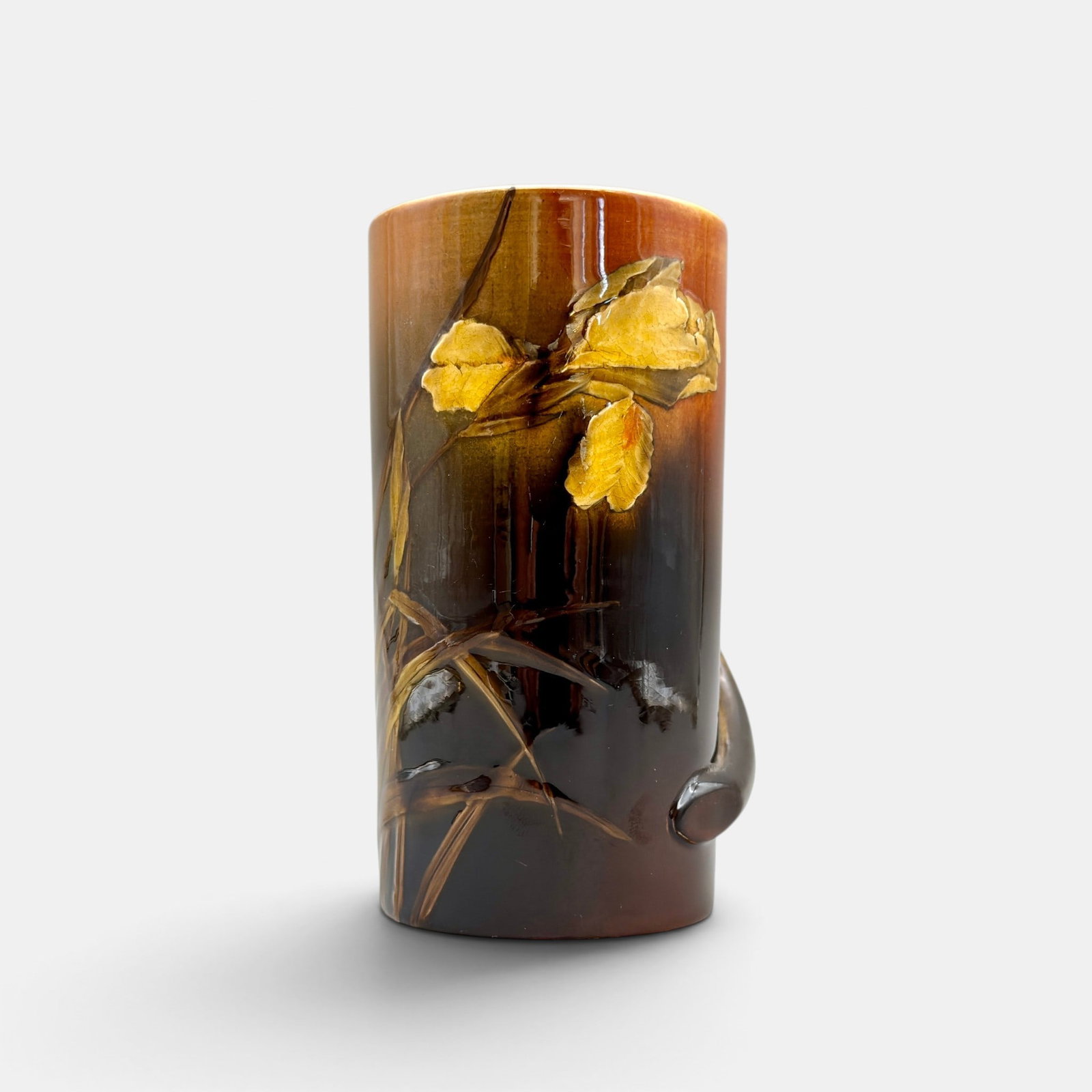 Rookwood Standard mug, irises, Anna Valentien, 1891.: Rookwood Standard glaze mug with attached curved handle and yellow iris decoration by Anna Valentien in 1891. Impressed Rookwood logo with five flames, Shape number 328 B, W for white clay. Incised