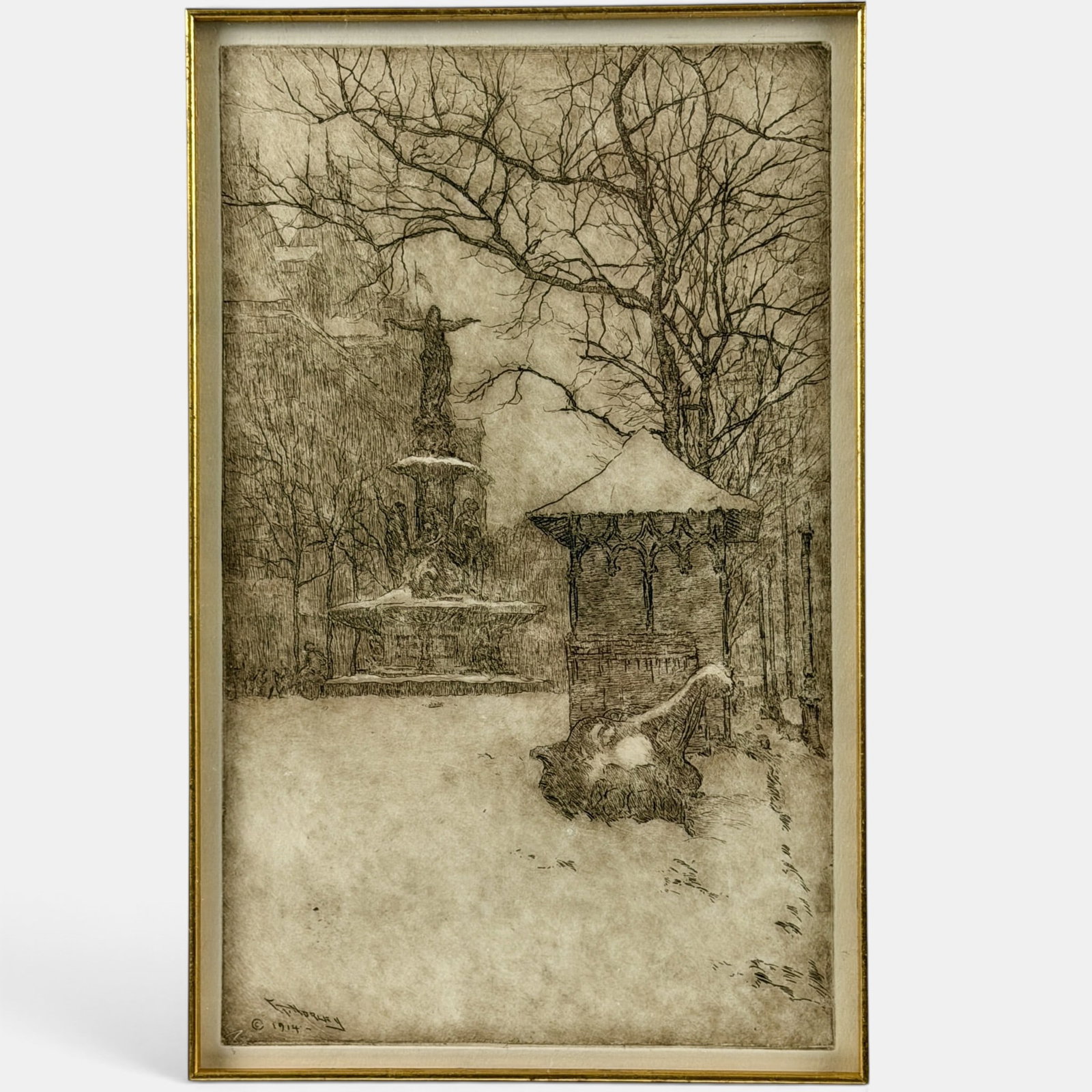 E.T. Hurley etching, Tyler Davidson Fountain, 1914.: E.T. Hurley etching, a view of the Tyler Davidson Fountain in the snow. Signed and dated in the plate. Not pencil signed. Sight size is 11 7/8 by 7 3/8. With new Closson frame, liner and mat size is