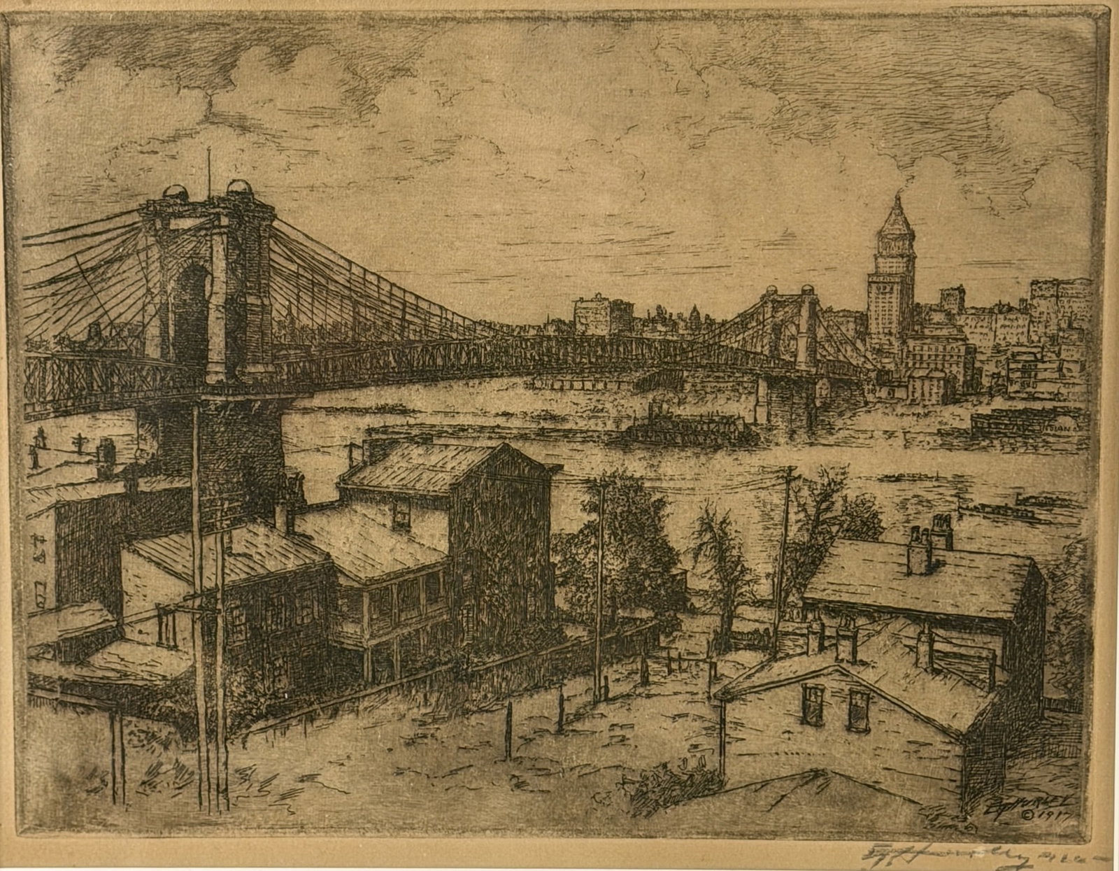 E.T Hurley etching, Roebling Bridge, 1926.: E.T. Hurley (1869-1950) etching of barges on the Ohio River, going under the Roebling Bridge. Signed and dated 1917 in the plate. Signed and dated 1926 in pencil in the margin. Sight size 10 by 13 inc
