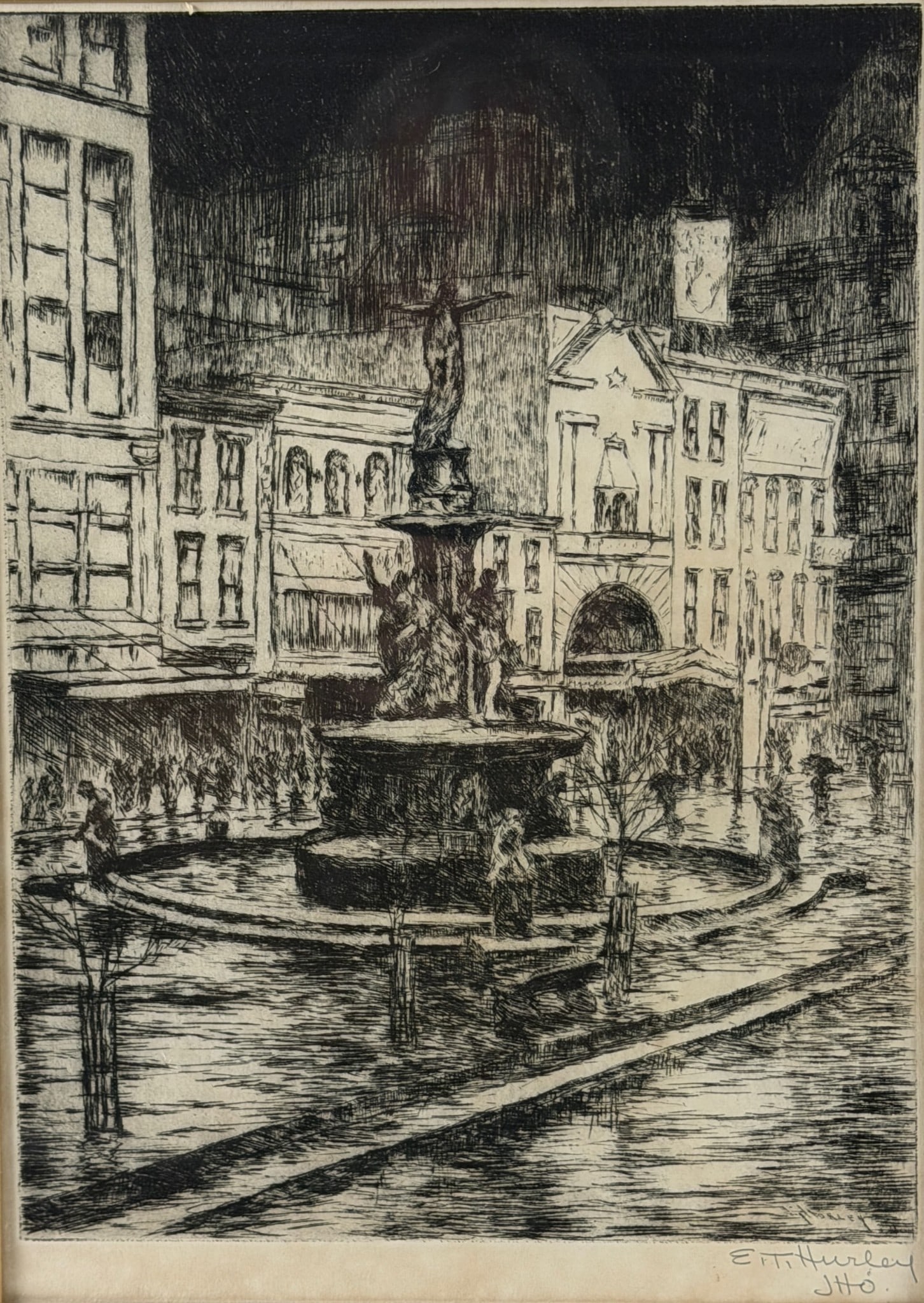 E.T. Hurley etching of Fountain Square, printed by his daughter. (1 of 3)