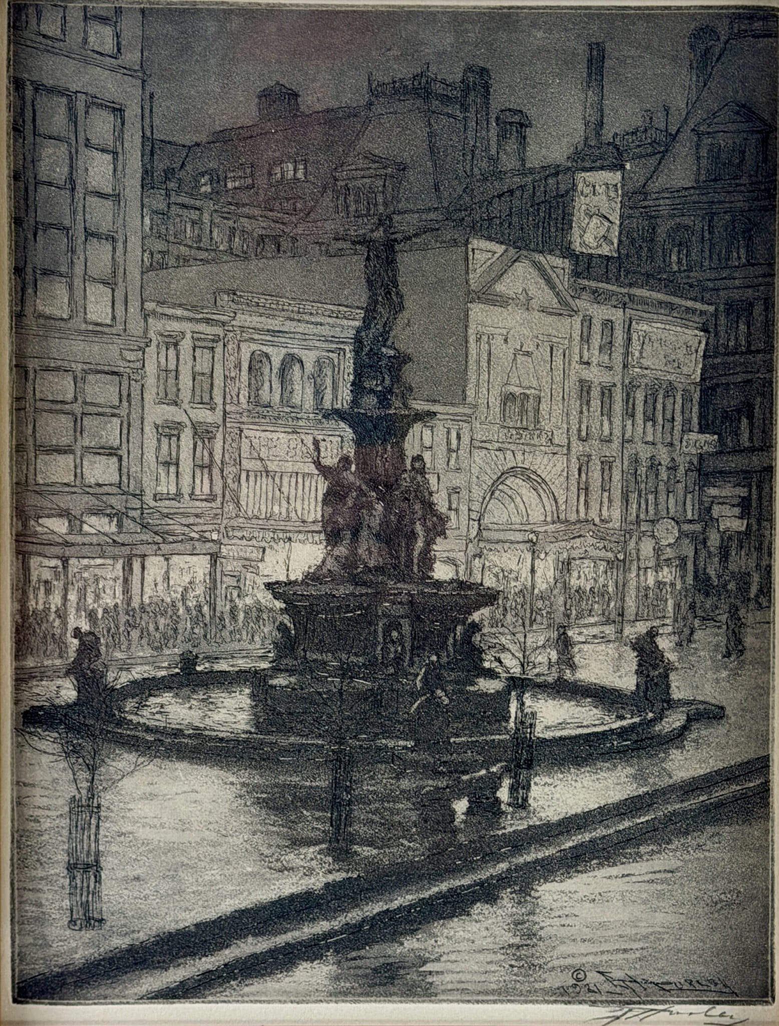 E.T. Hurley etching "Fountain Square at Night" 1921: E.T. Hurley (1869-1950) etching showing the original location of Fountain Square on 5th Street in Cincinnati. Sighed and dated 1921 in the plate. Signed in pencil in the margin. Cincinnati Art Galleri