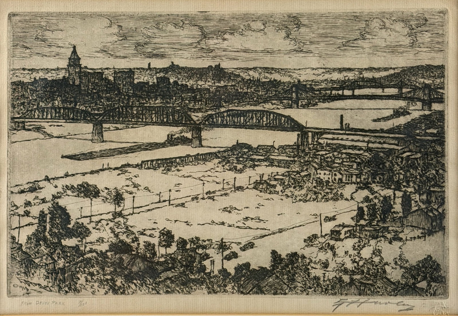 E.T Hurey etching, ":From Devou Park" 1918: E.T. Hurley ( 1869-1950) etching entitled "From Devou Park" a view of Cincinnati from Norrthern Kentucky. Signed and dated in the plate. Signed in pencil in the margin along with title and print size 