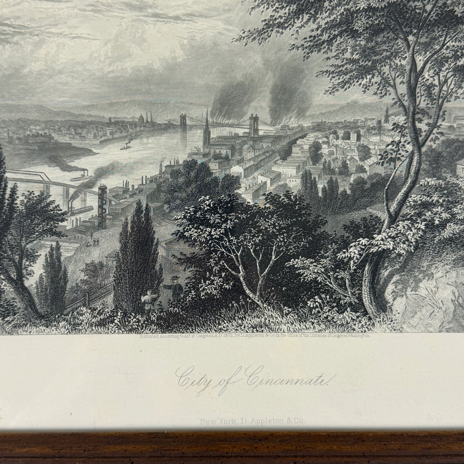 Etching of Cincinnati by A.C. Warren, circa 1880: Etching of the City of Cincinnati done by A.C. Warren shortly after the Civil War. Published in New York by D. Appleton & Company. Sight size is 7 3/8 by 9 1/2 inches. With frame, size is 9 5/8 by 11