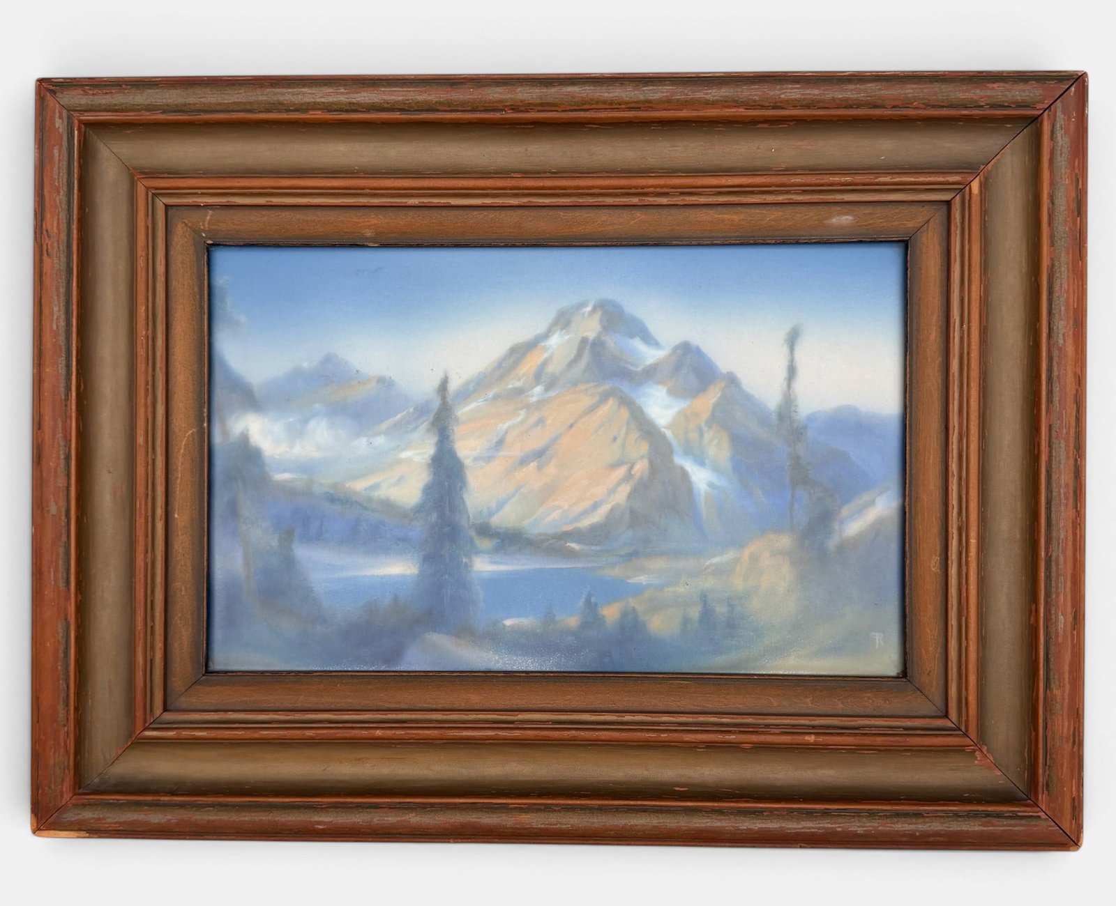 Rookwood Plaque, "Rising Wolf Mountain" Rothenbusch, 1929.: Crisp and clean Vellum glaze plaque showing Rising Wolf Mountain in Montana done in 1929 by Fred Rothenbusch. The large plaque is signed lower right by Rothenbusch and marked on the reverse with the