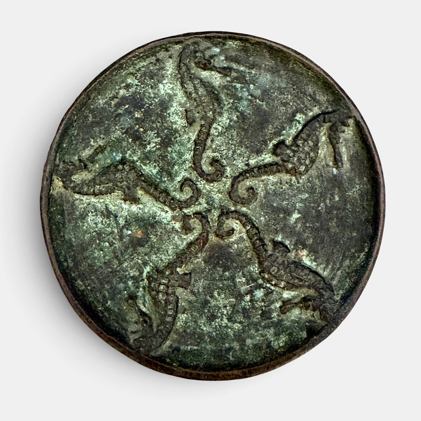 Hurley Bronze tray with 5 seahorses.: Hurley Bronze tray with 5 seahorses arrayed tail to tail. Impressed ETH on reverse. Diameter 3 5/8 inches.