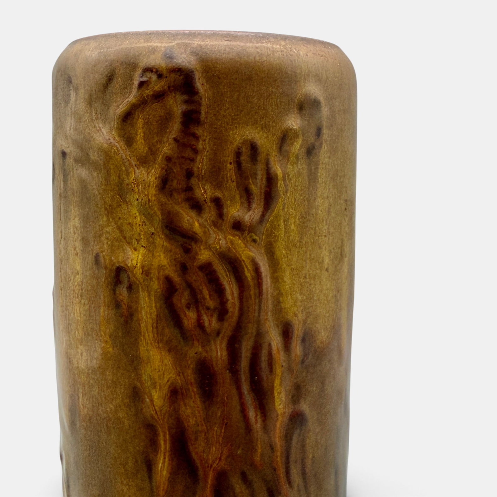 Rookwood production vase, seahores, 1915.: Rookwood production vase with embossed seahorses and sea weed, a Sallie Toohey design, done in an Ombroso-like glaze in 1915. Impressed Rookwood logo, XV, Shape number 2176. Height 8 1/2 inches.