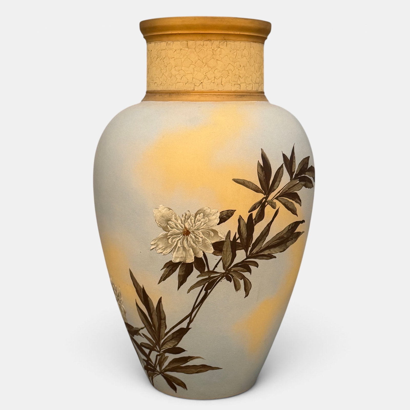 Massive Rookwood Dull Finish vase, peonies, A.R. Valentien, 1885/: Large and impressive Dull Finish vase with crisp white peony decoration done in 1885 by Albert Valentien. The rim is covered in fired on gold and the collar is done with impressed nail head designs.