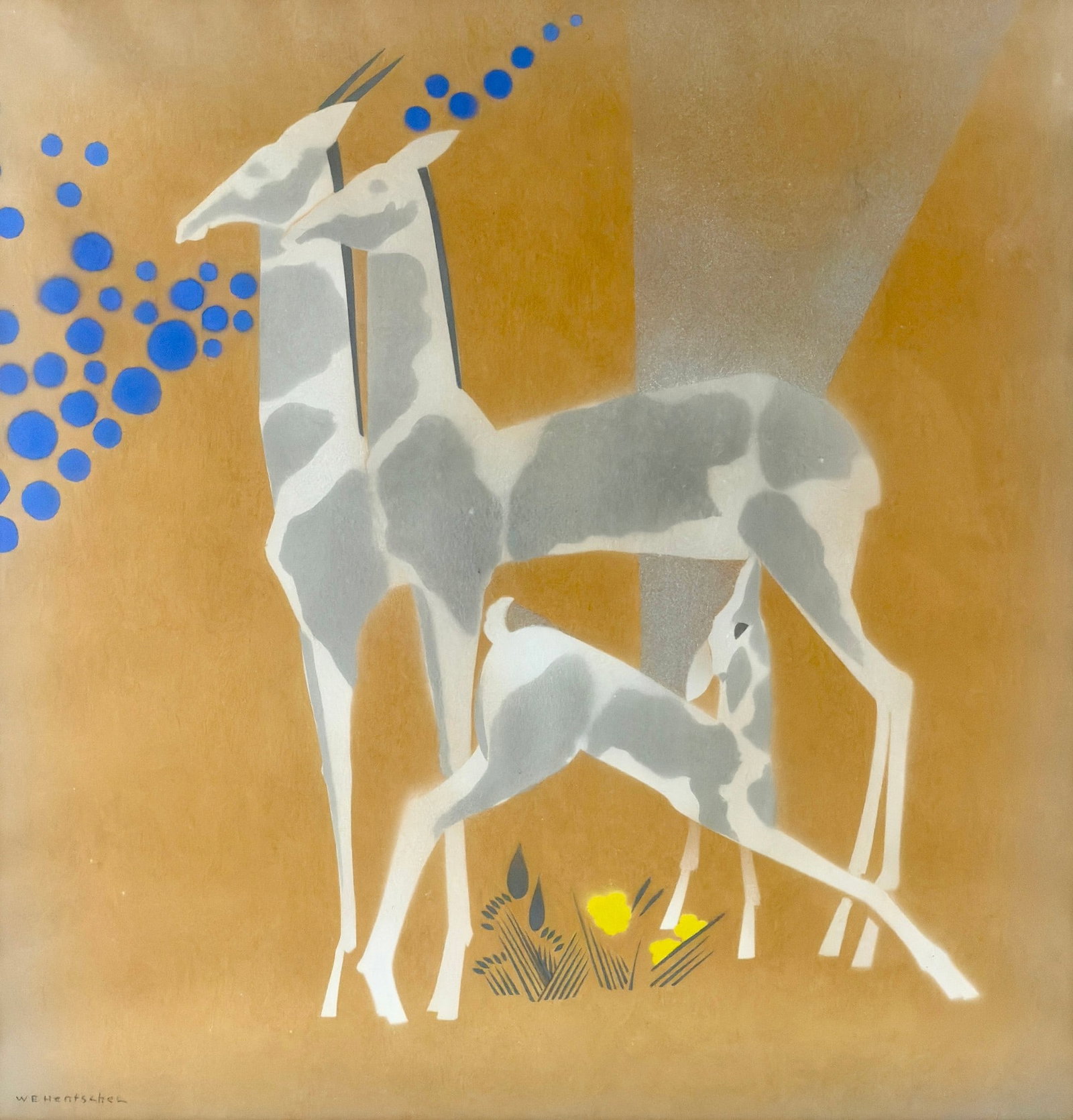 Hentsche Art Deco Pochoir (Air Brushing) of deer family. (1 of 4)