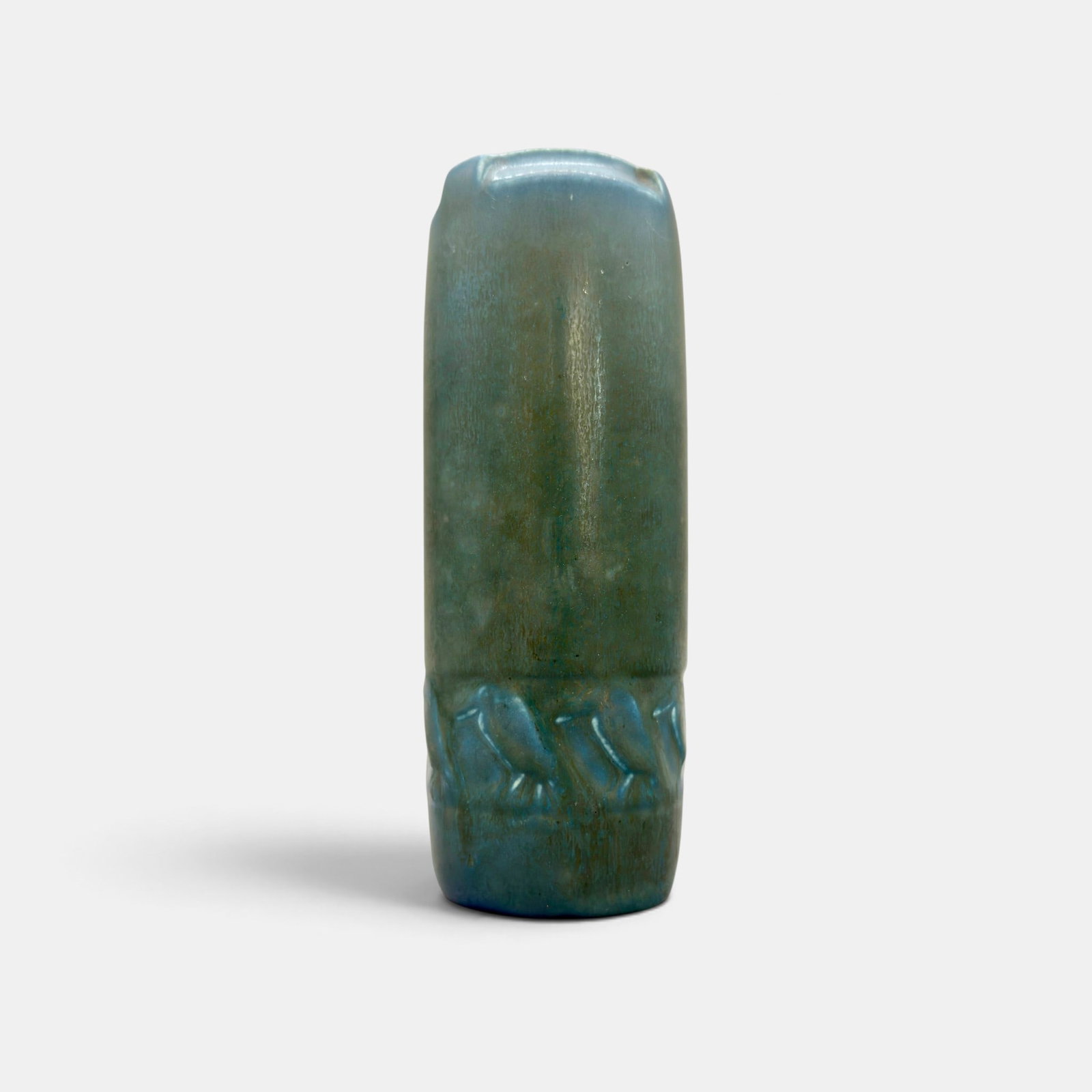 Rookwood production vase, band of Rooks, 1922.: Rookwood production vase, a Shirayamadani design, with a band of marching Rooks around the base, done in a crystalline blue mat glaze in 1922. Impressed Rookwood logo, XXII, Shape number 1815. Height